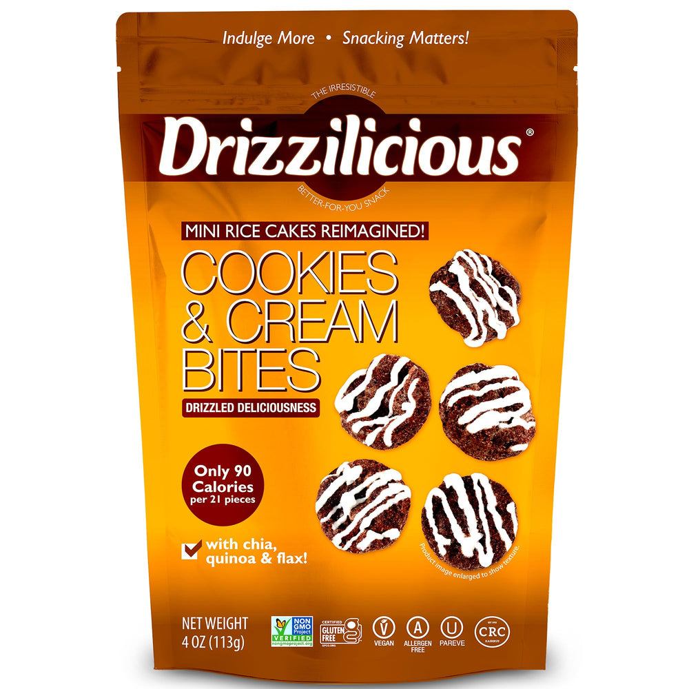 Drizzilicious frente del empaque mostrando sabor cookies & cream y beneficios veganos