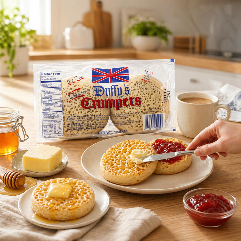 Duffy's crumpets abiertos con mermelada, resaltando absorción de sabor