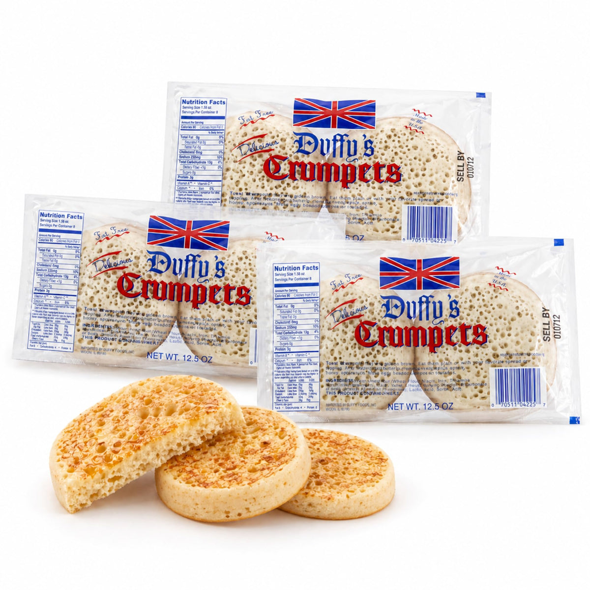 Duffy's crumpets frente del empaque mostrando pack triple y conveniencia