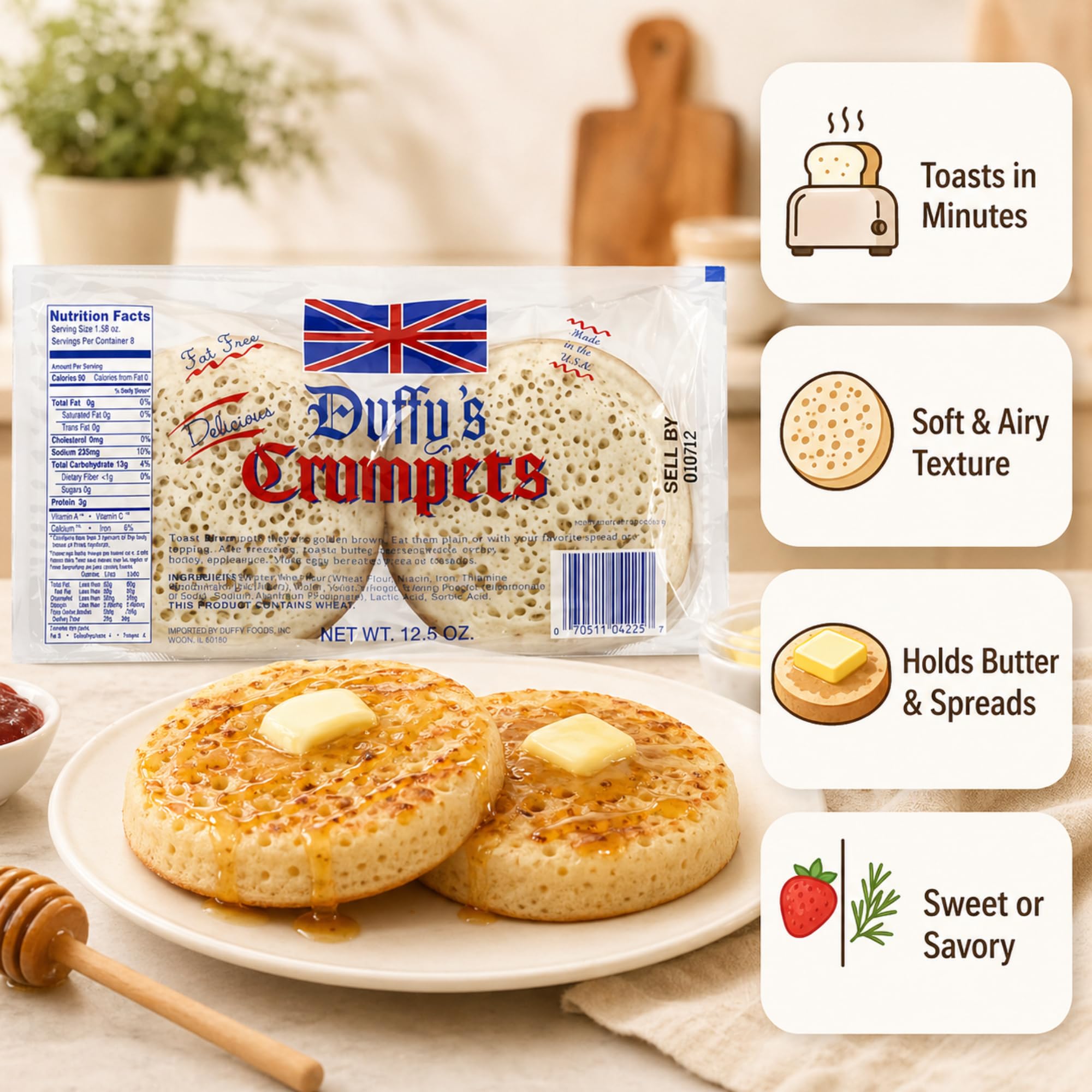 Duffy's crumpets primer plano de textura y agujeros que retienen mantequilla