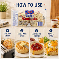 Duffy's crumpets tostado con mantequilla derritiéndose, listo para comer