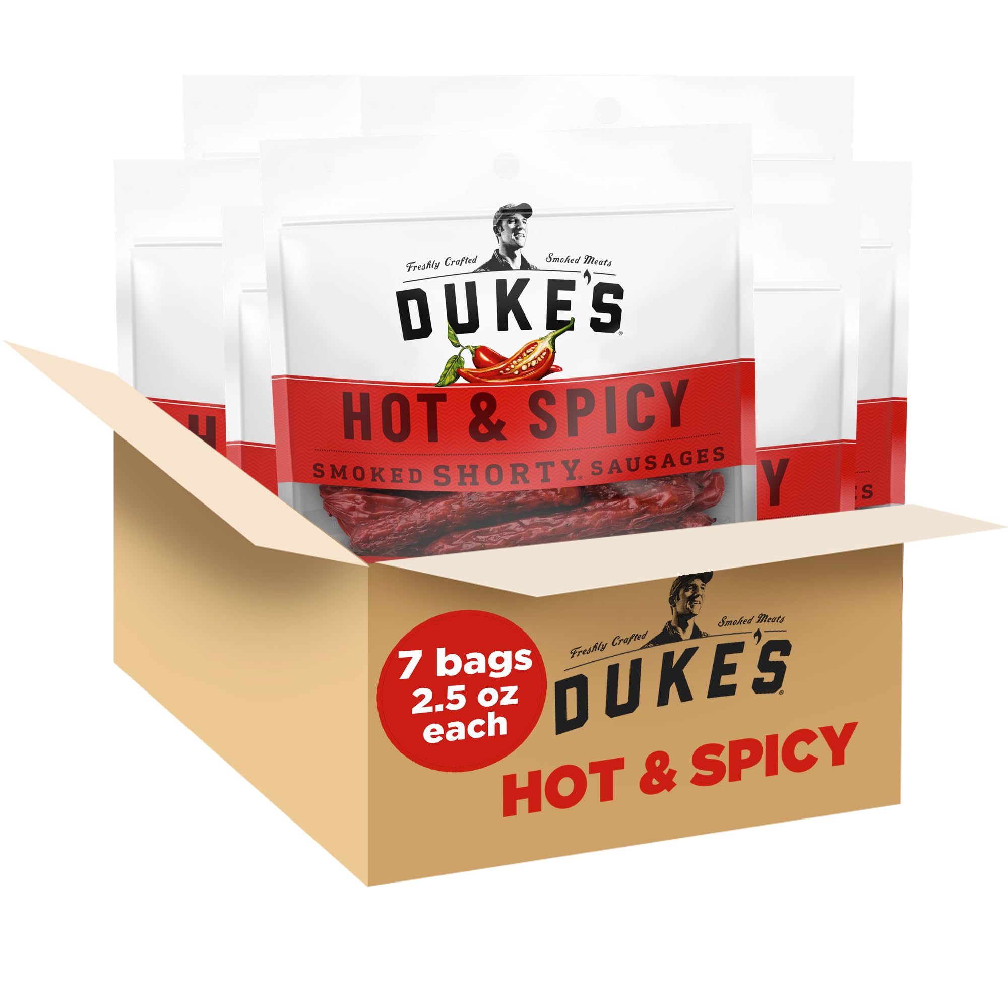 DUKE'S vista frontal del paquete mostrando siete bolsas, práctico y portátil