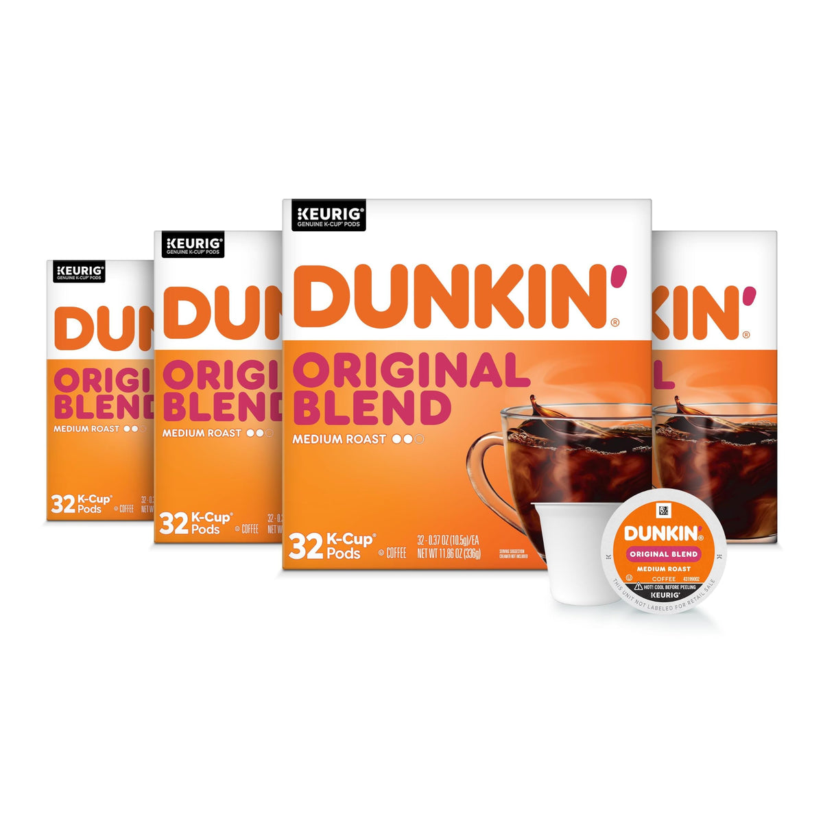 Dunkin’ empaque frontal de 128 cápsulas K-Cup mostrando marca y cantidad