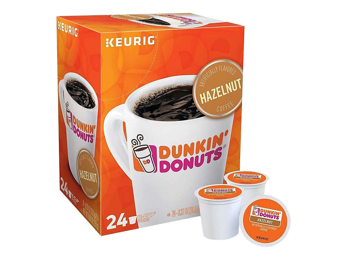Dunkin' cápsulas Hazelnut frente del empaque mostrando 24 unidades y conveniencia