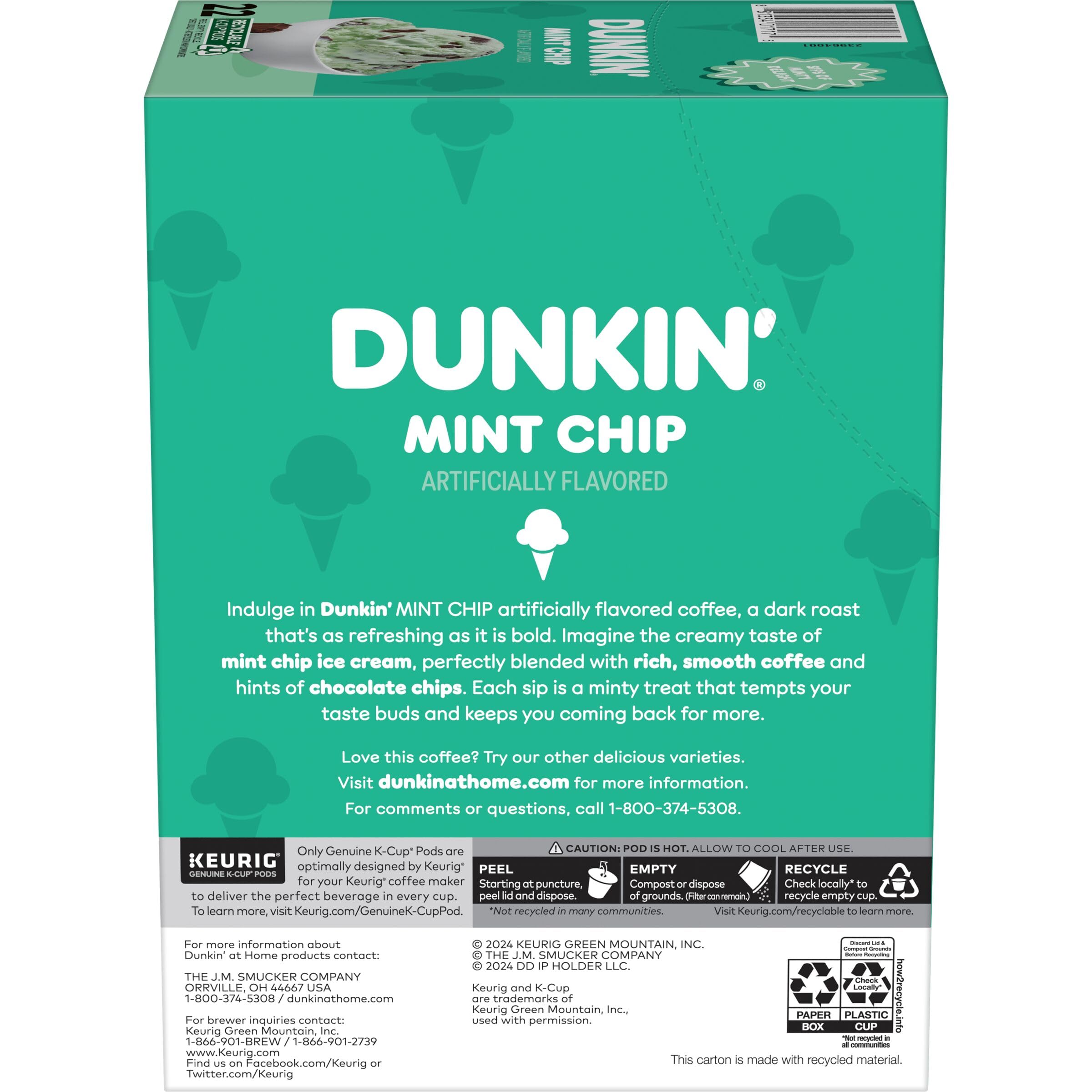Dunkin' taza servida con café Mint Chip, sabor refrescante y visual apetecible