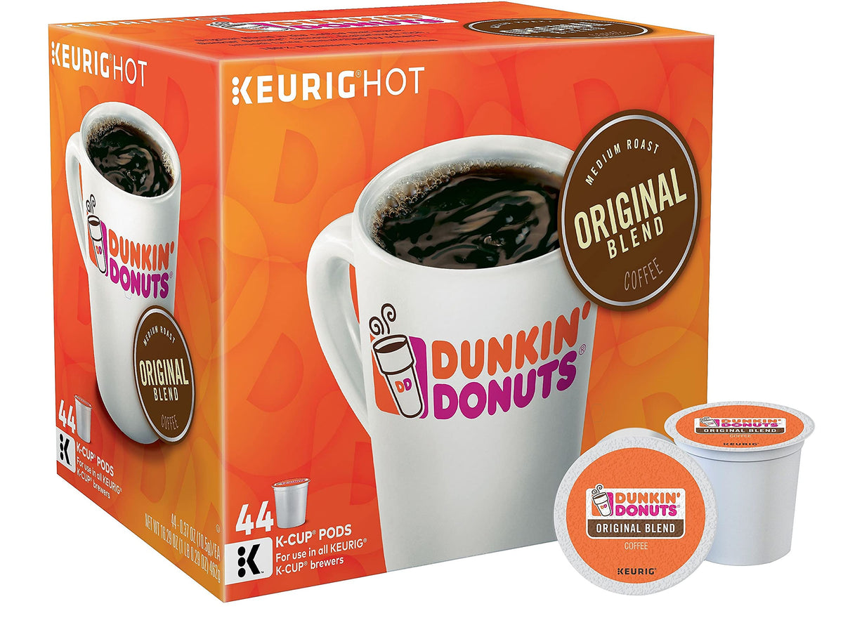 Dunkin' caja frontal mostrando 44 cápsulas y beneficio abastecimiento confiable