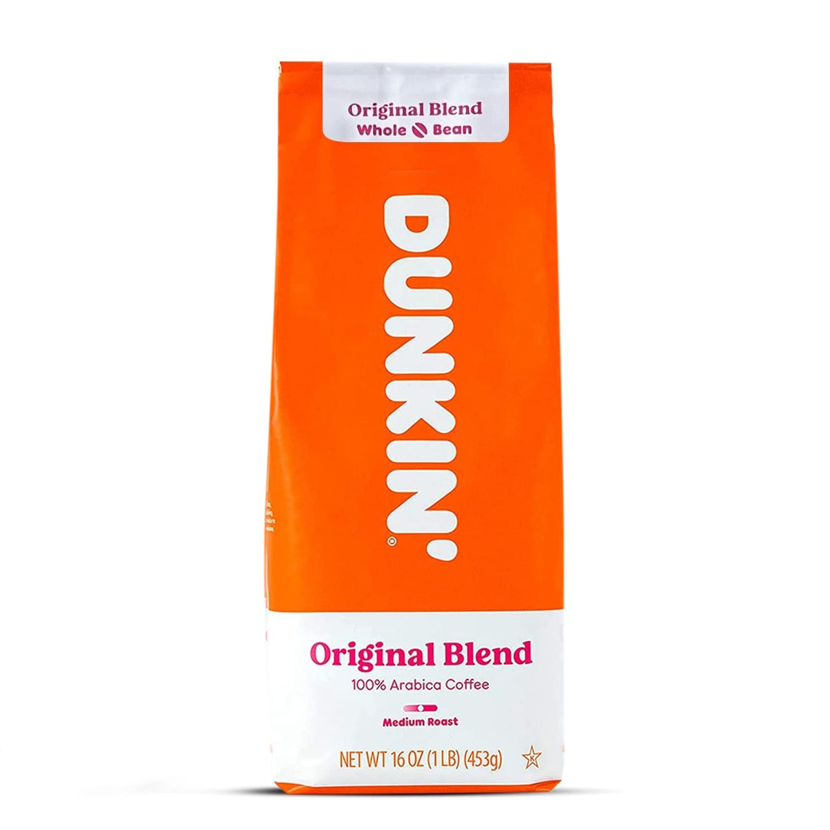 Dunkin' paquete frontal en grano entero muestra frescura y aroma equilibrado