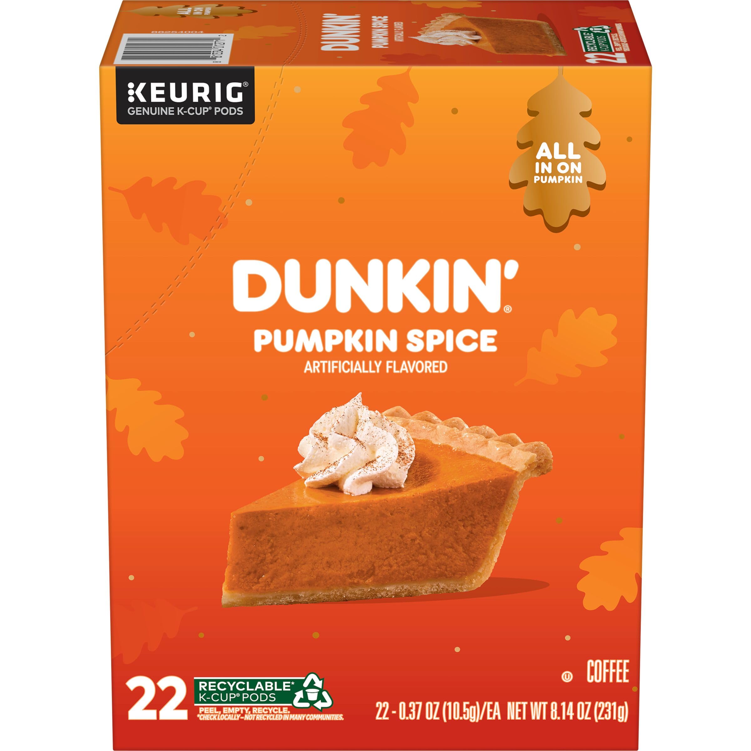 Dunkin' frente de la caja Pumpkin Spice mostrando diseño estacional y conveniencia
