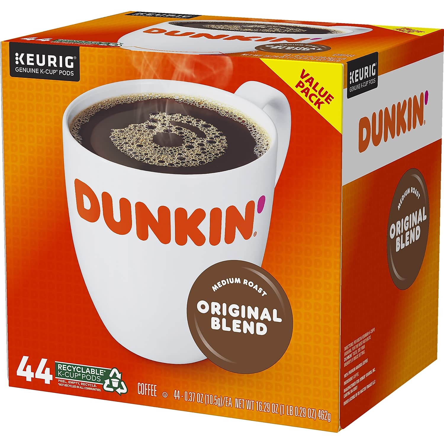 Dunkin' taza servida con espuma que refleja sabor suave y cuerpo medio