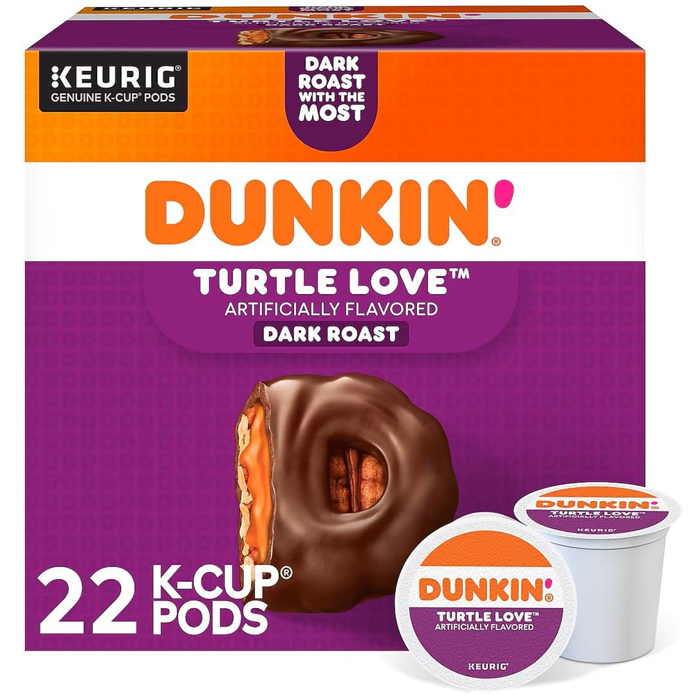 Dunkin' frente del empaque mostrando 22 cápsulas y sabor Turtle Love