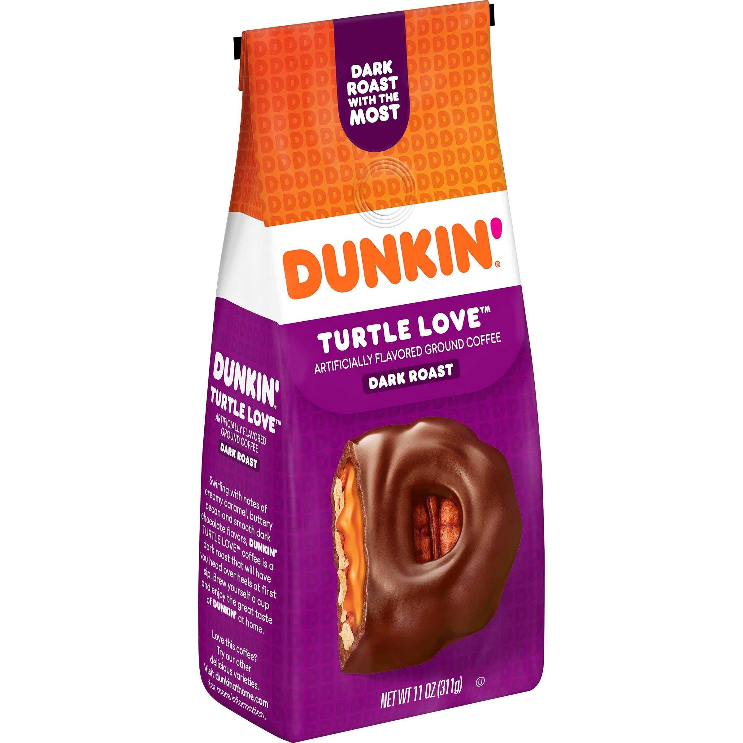 Dunkin' bolsa de 11 onzas sobre fondo neutro, clara presentación comercial