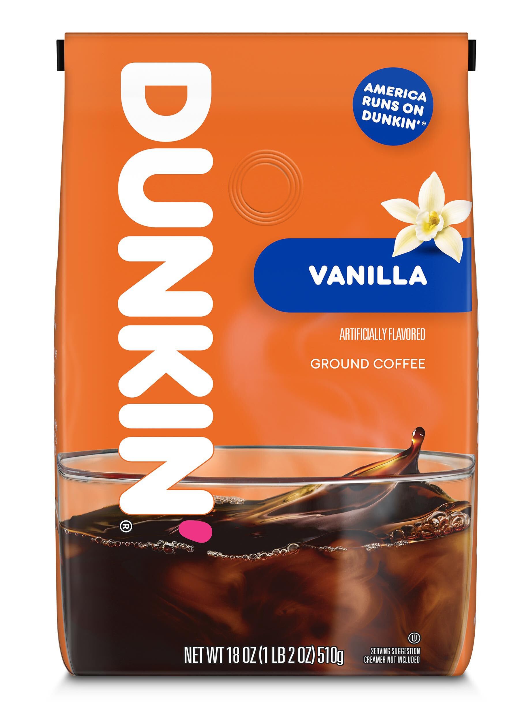 Dunkin' paquete frontal 18 oz mostrando marca y conveniencia