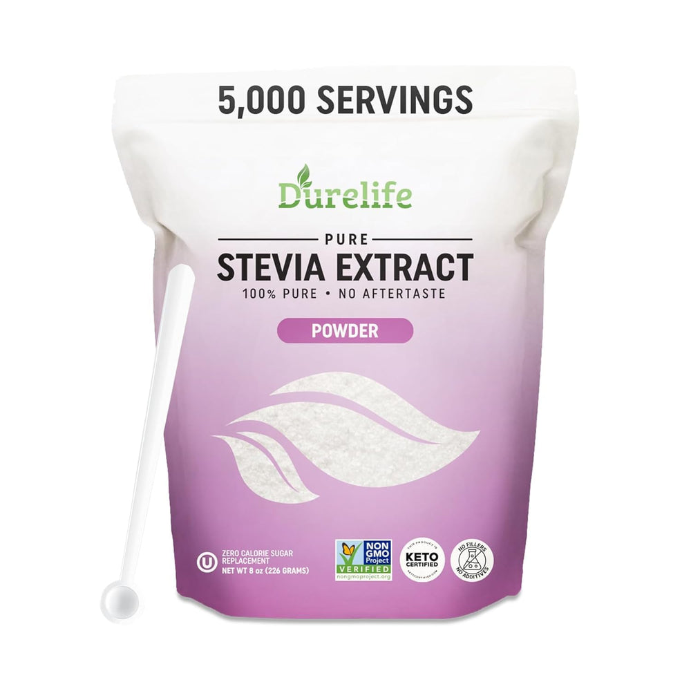 DureLife envase frontal de stevia puro mostrando diseño y cantidad
