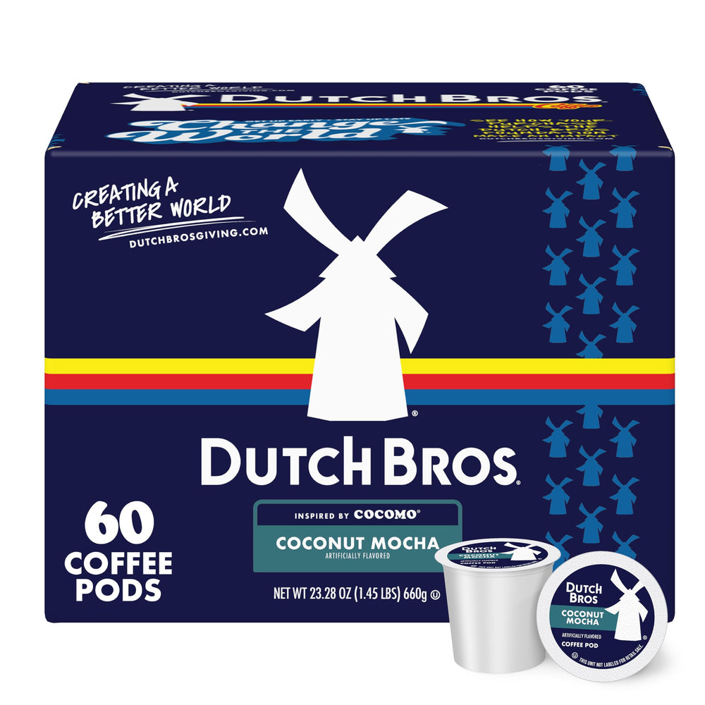 Dutch Bros caja frontal mostrando 60 cápsulas y diseño atractivo