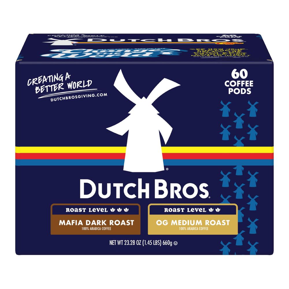 Dutch Bros frontal del paquete mostrando variedad y conveniencia
