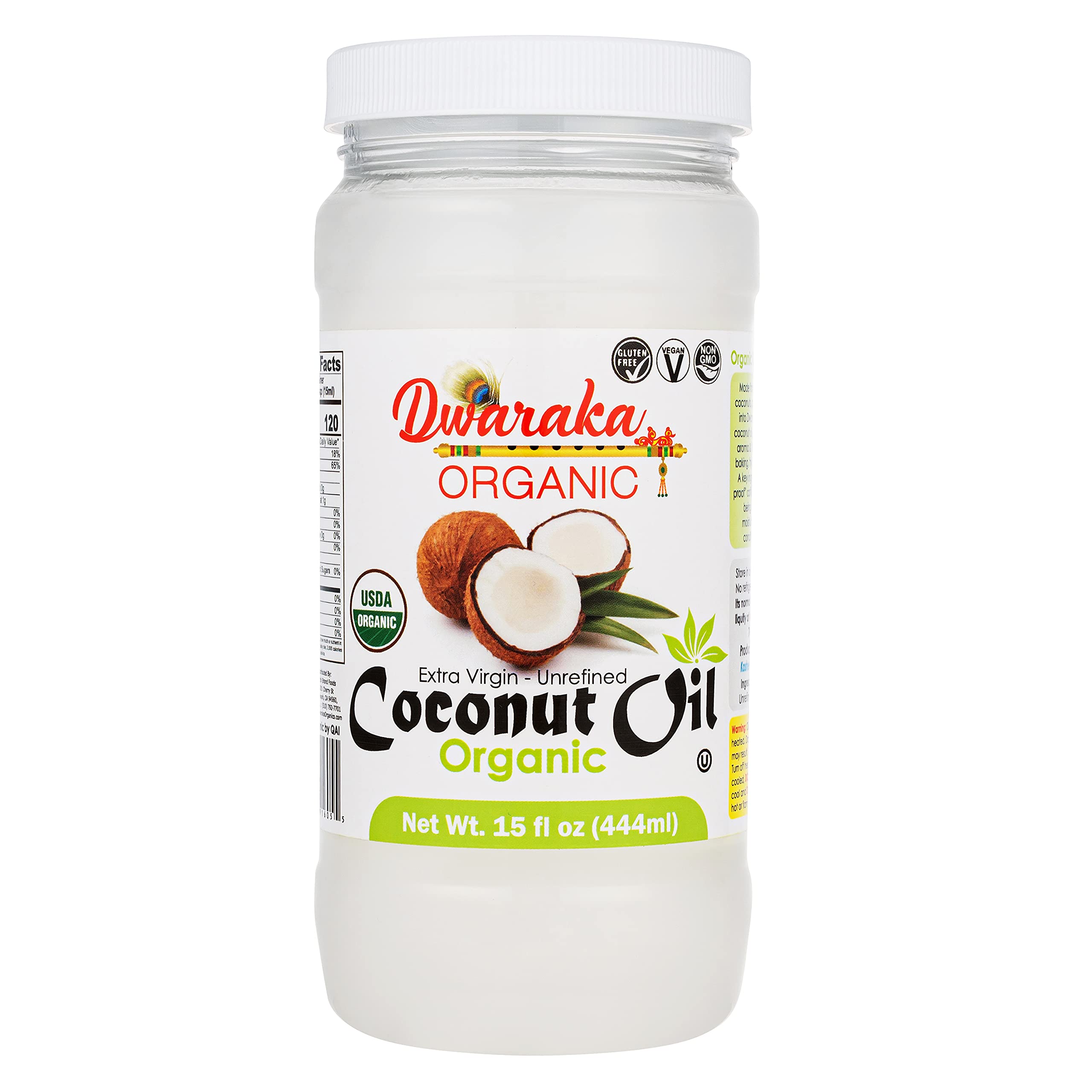 Dwaraka botella frontal del aceite de coco extra virgen, diseño claro y beneficios orgánicos
