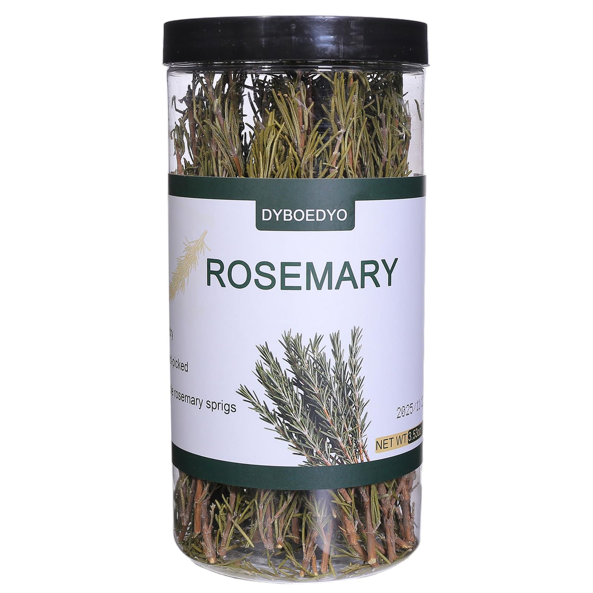 DYBOEDYO frasco frontal con romero seco y etiqueta clara, conserva aroma