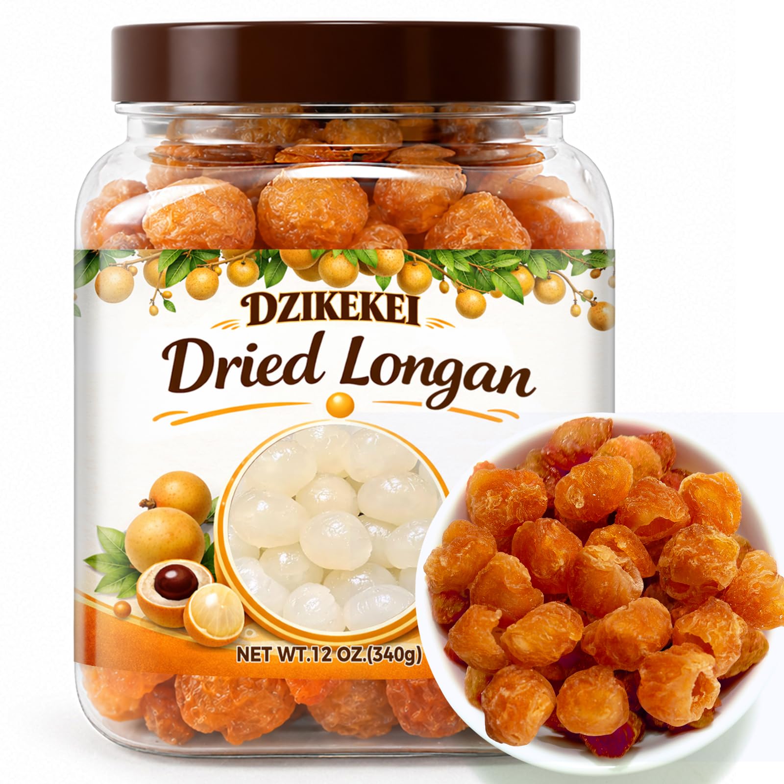dzikekei tarro frontal mostrando longan sin semilla y almacenamiento práctico