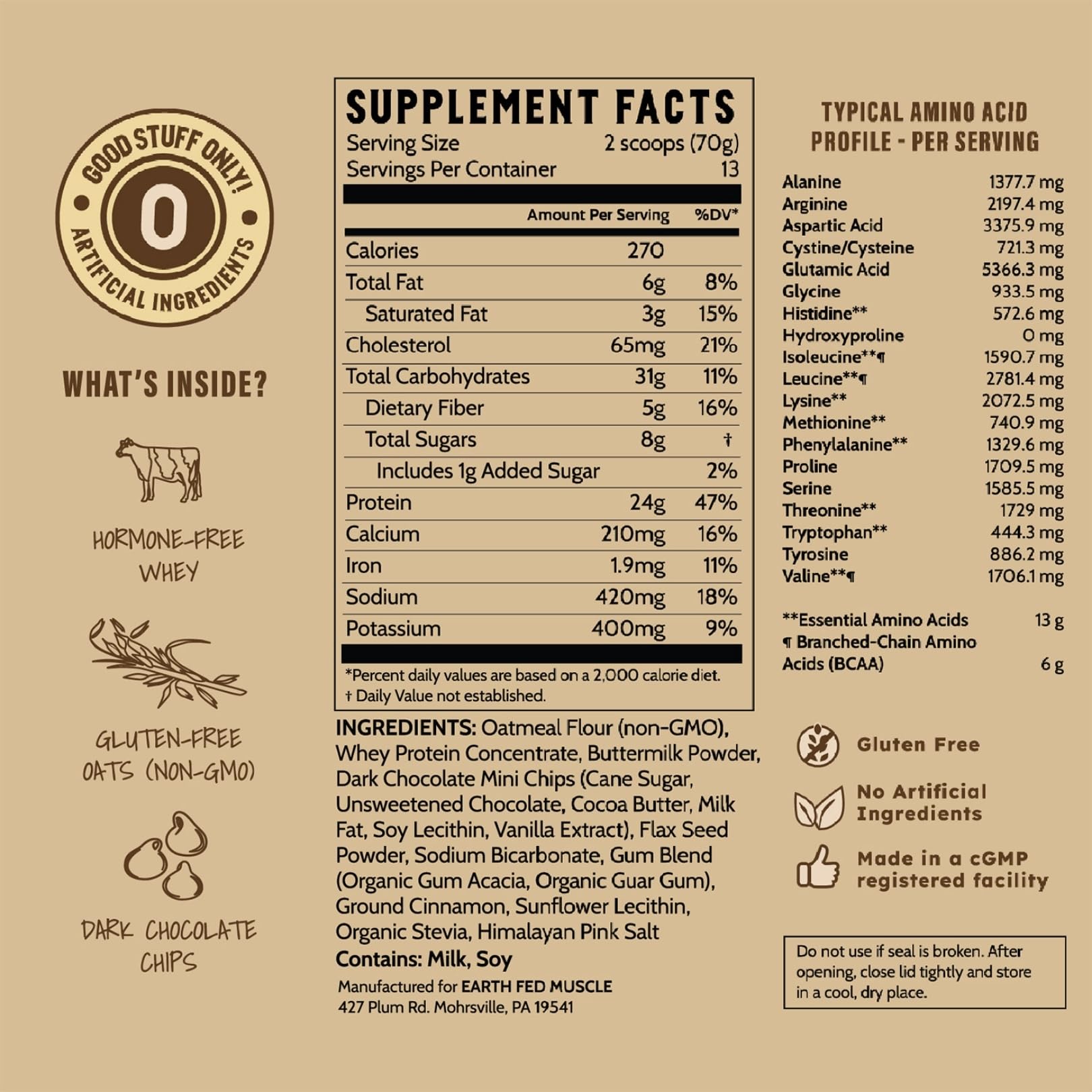Earth Fed Muscle chispas de chocolate oscuro en la mezcla, sabor intenso