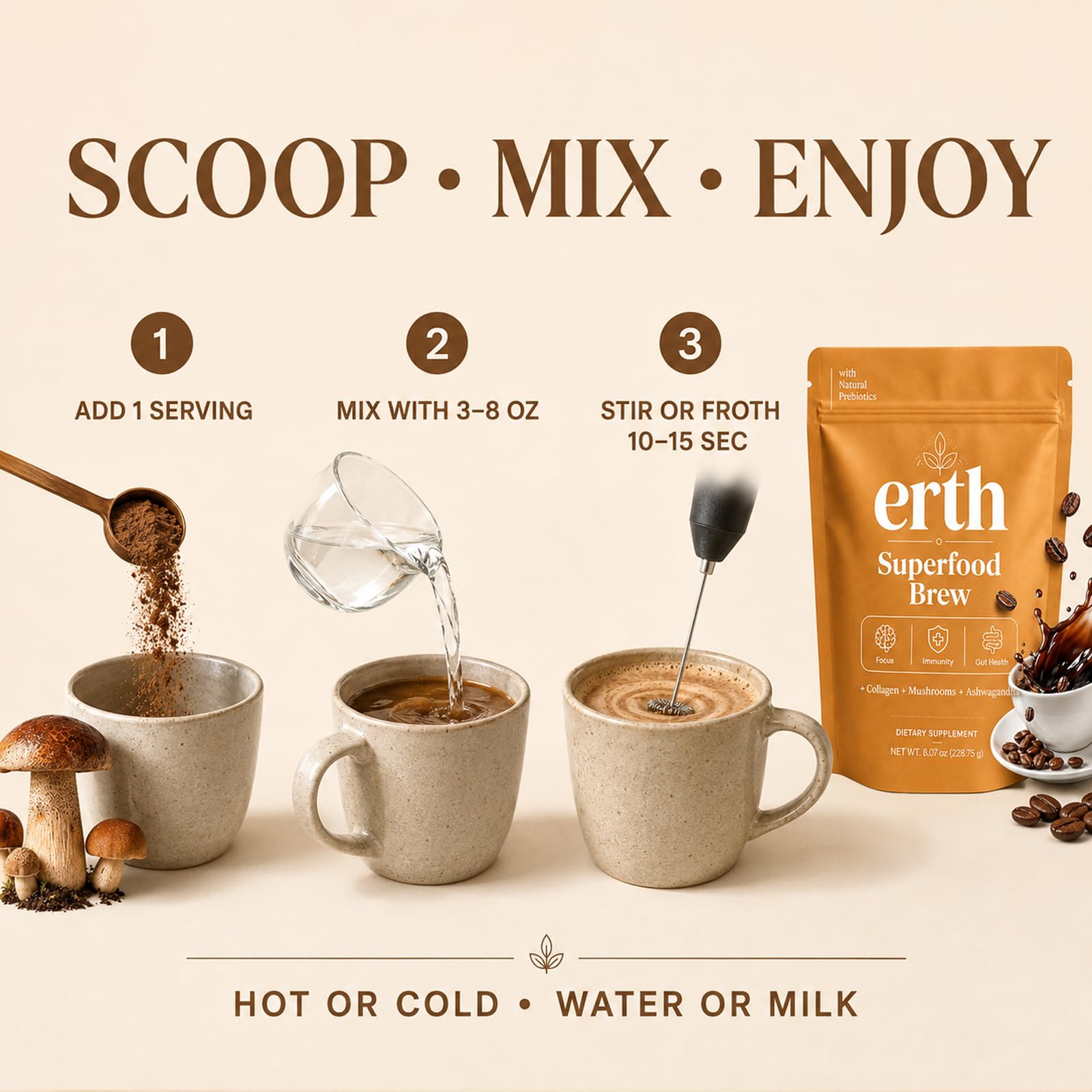 Erth Superfood cuchara con polvo para comparar tamaño de porción