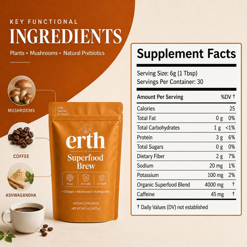 Erth Superfood textura del polvo en primer plano para mezcla rápida