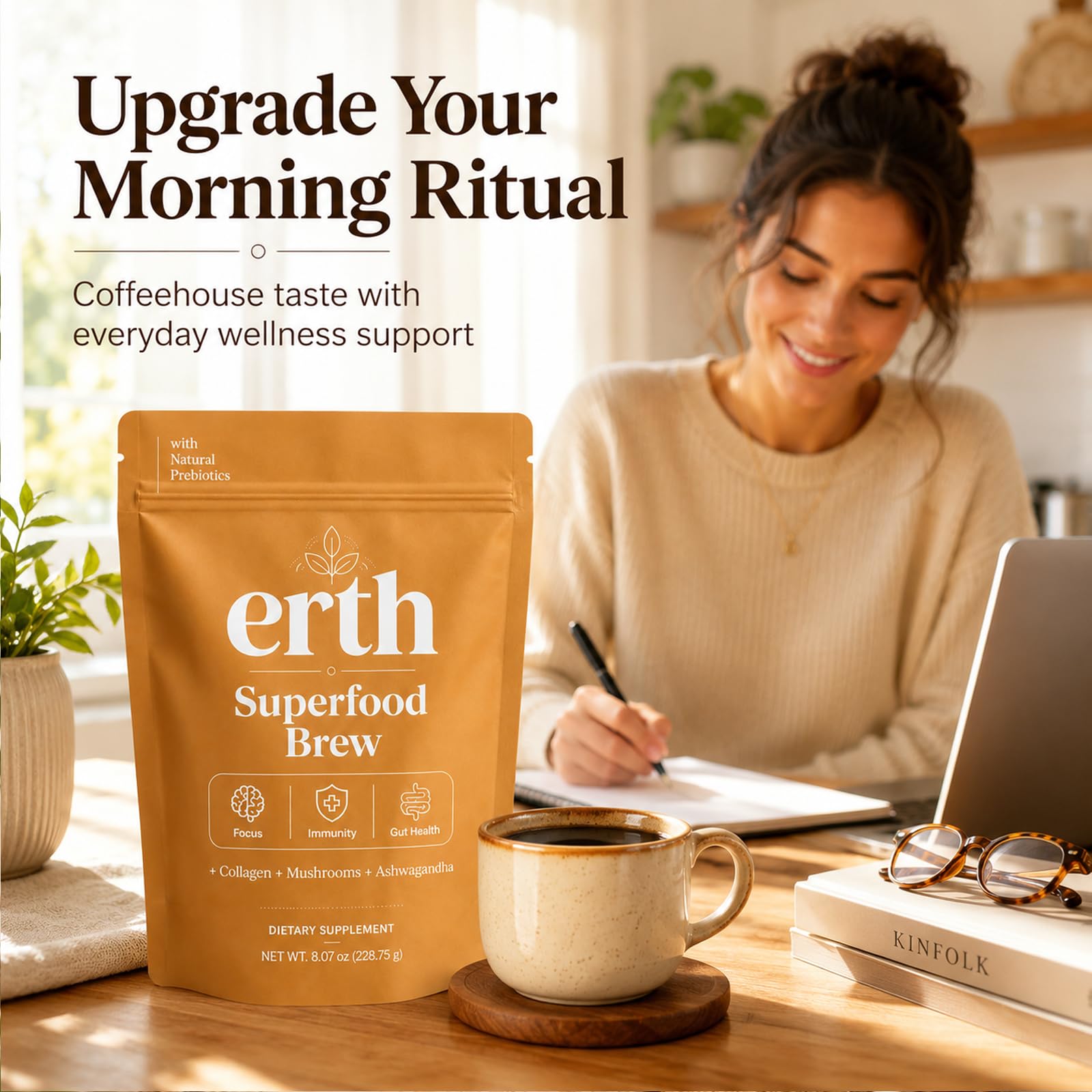 Erth Superfood usuario preparando bebida en oficina, preparación rápida