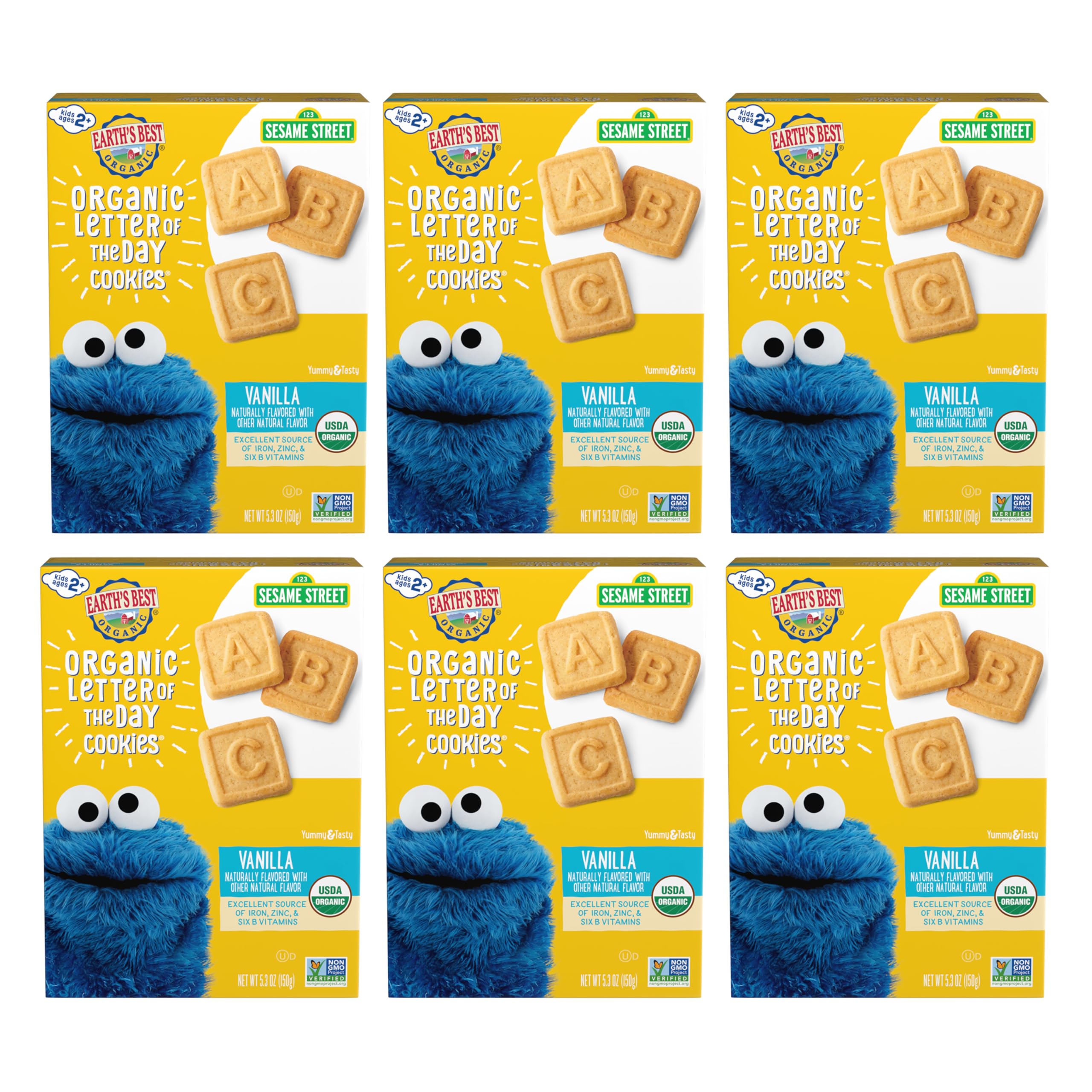 Earth's Best caja frontal Letter of the Day mostrando diseño y pack de 6