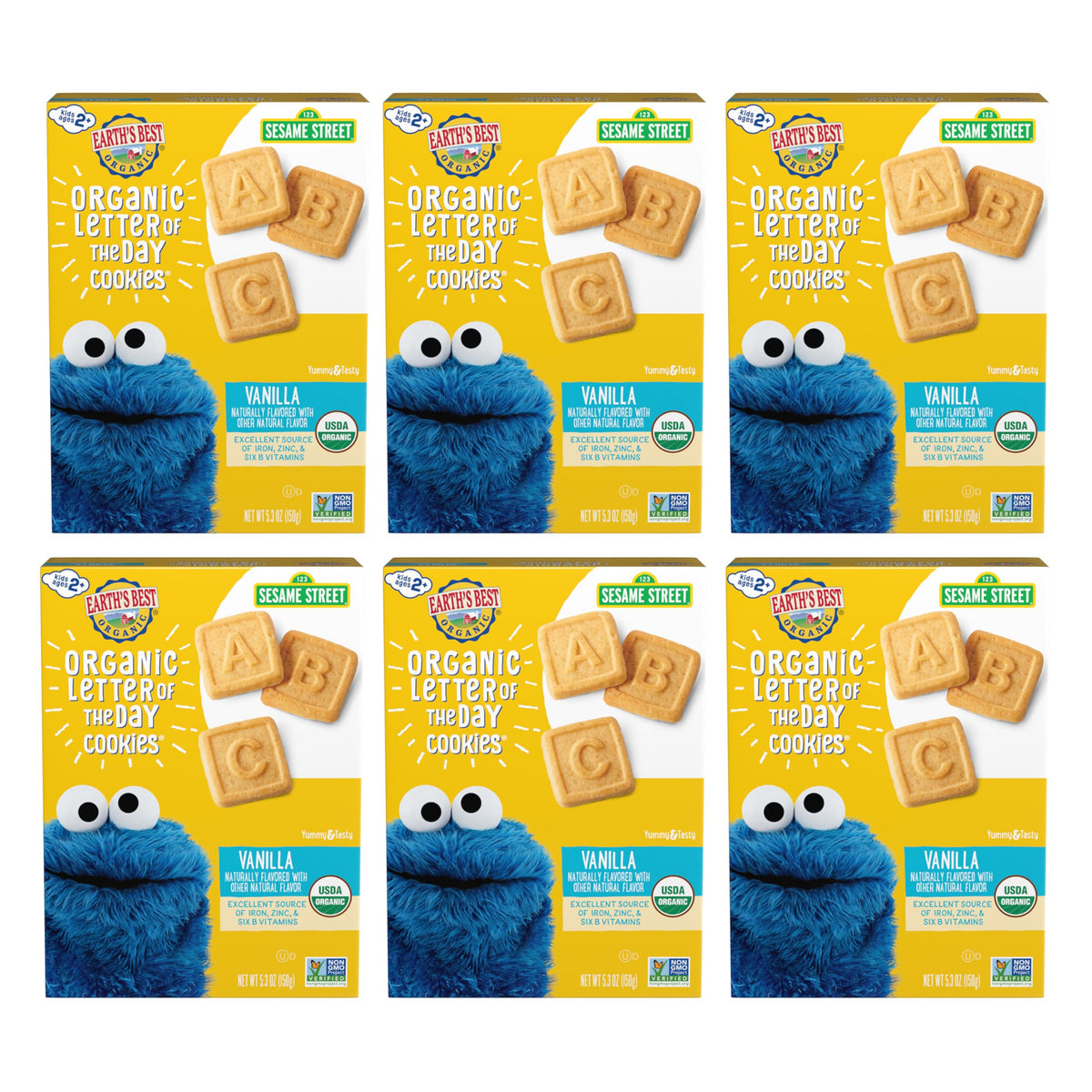 Earth's Best caja frontal Letter of the Day mostrando diseño y pack de 6