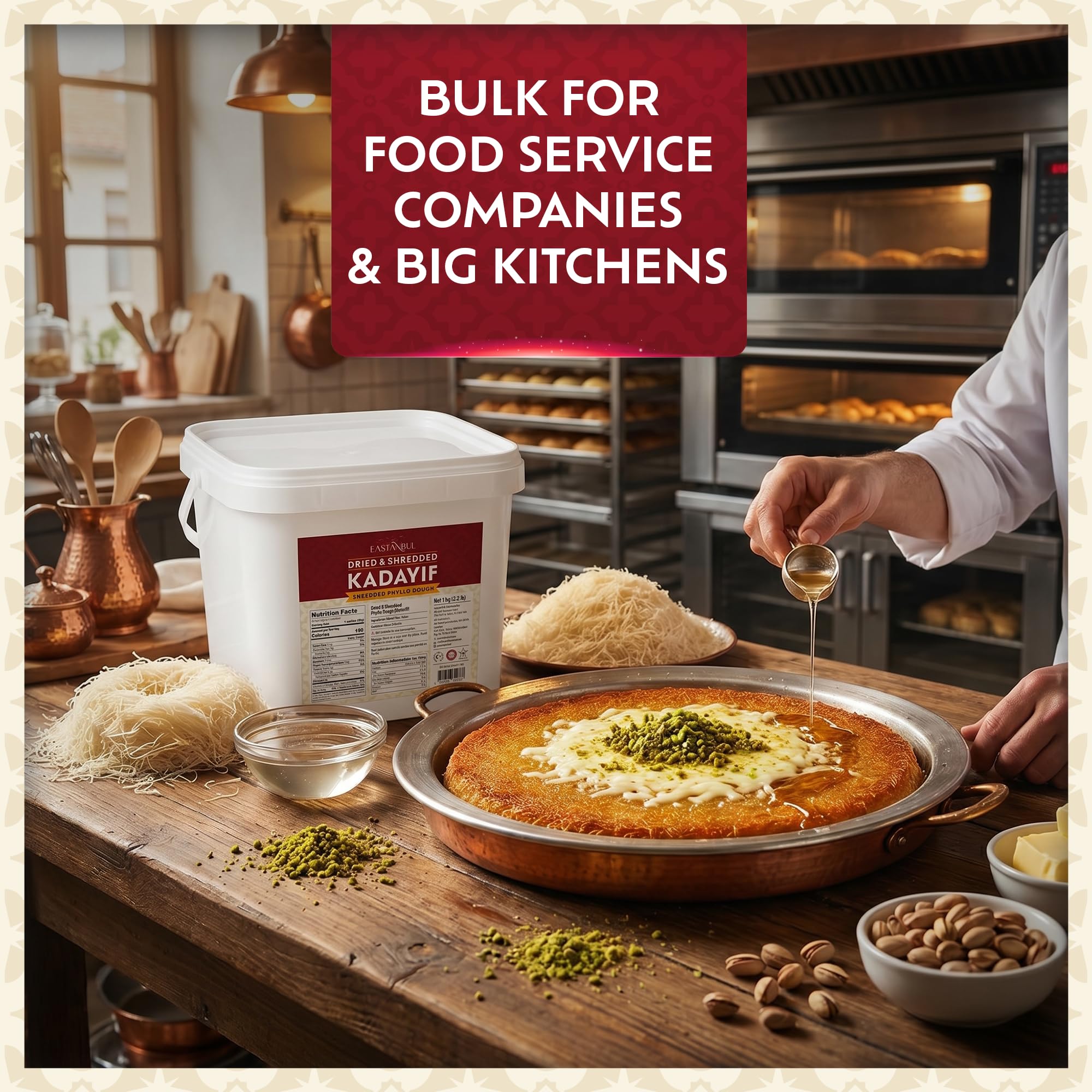Comparación de tamaño del paquete Eastanbul kataifi junto a utensilios de cocina, muestra rendimiento