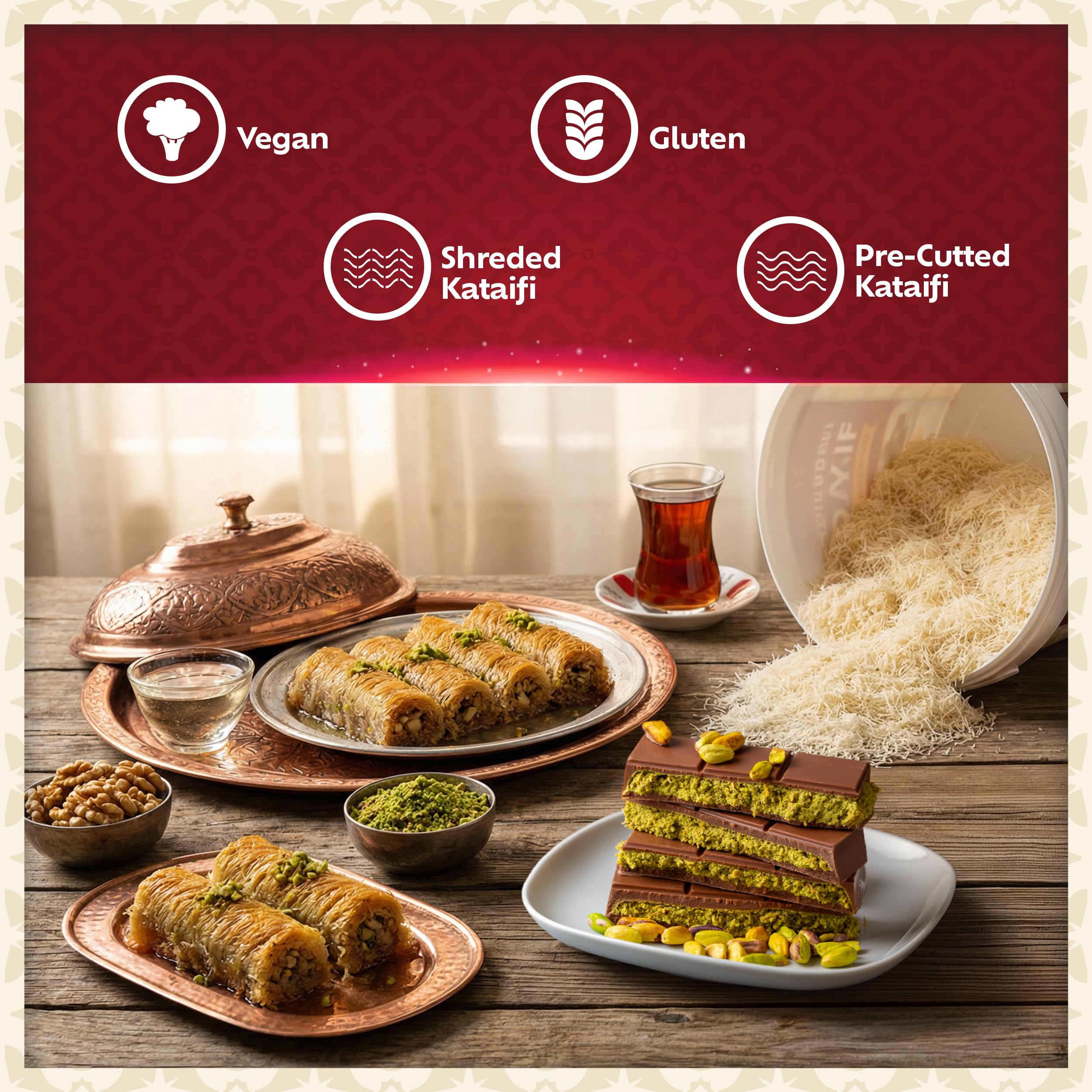 Nidos de postre hechos con kataifi Eastanbul presentados con pistachos, para presentaciones elegantes
