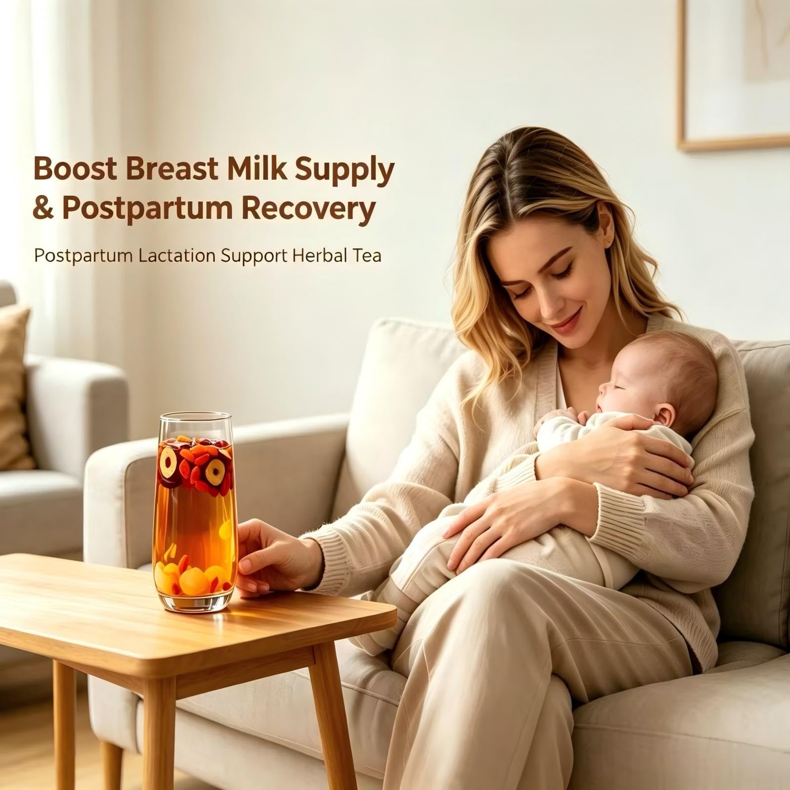 Eastrue madre lactando tomando la infusión para apoyo cotidiano maternal