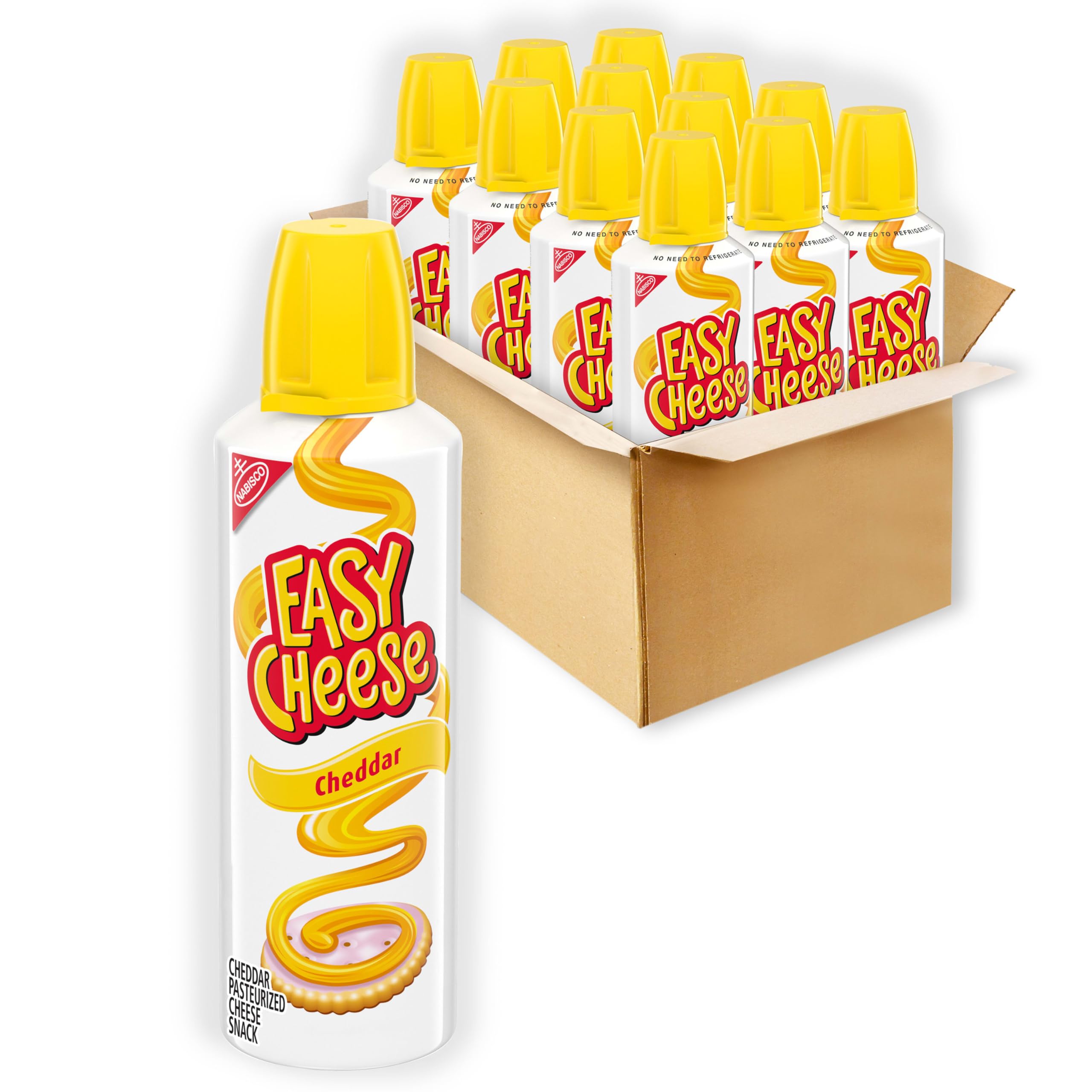 EASY CHEESE frente del empaque mostrando latas listos para almacenar