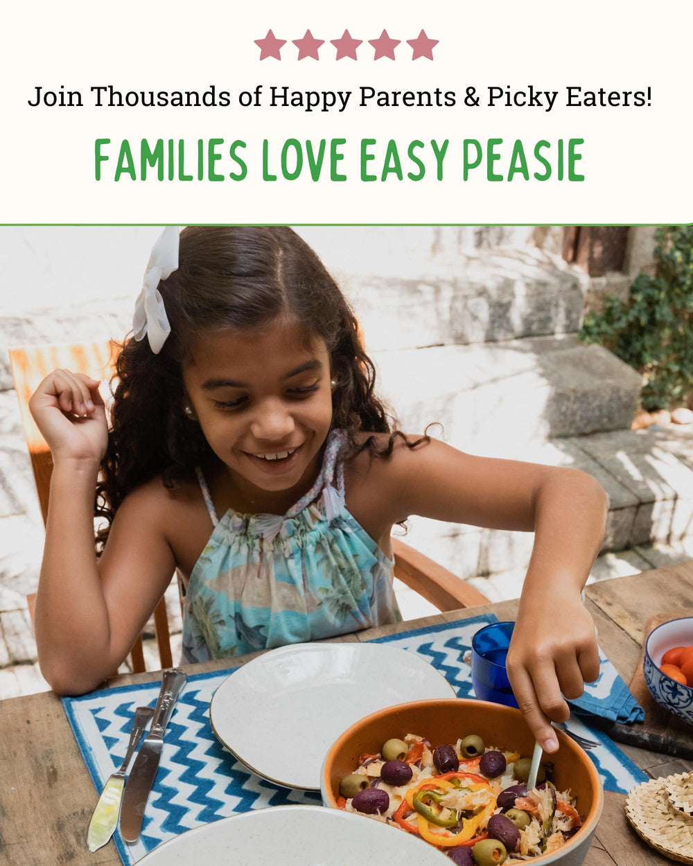 EasyPeasie escena familiar en mesa con niño aceptando comida enriquecida