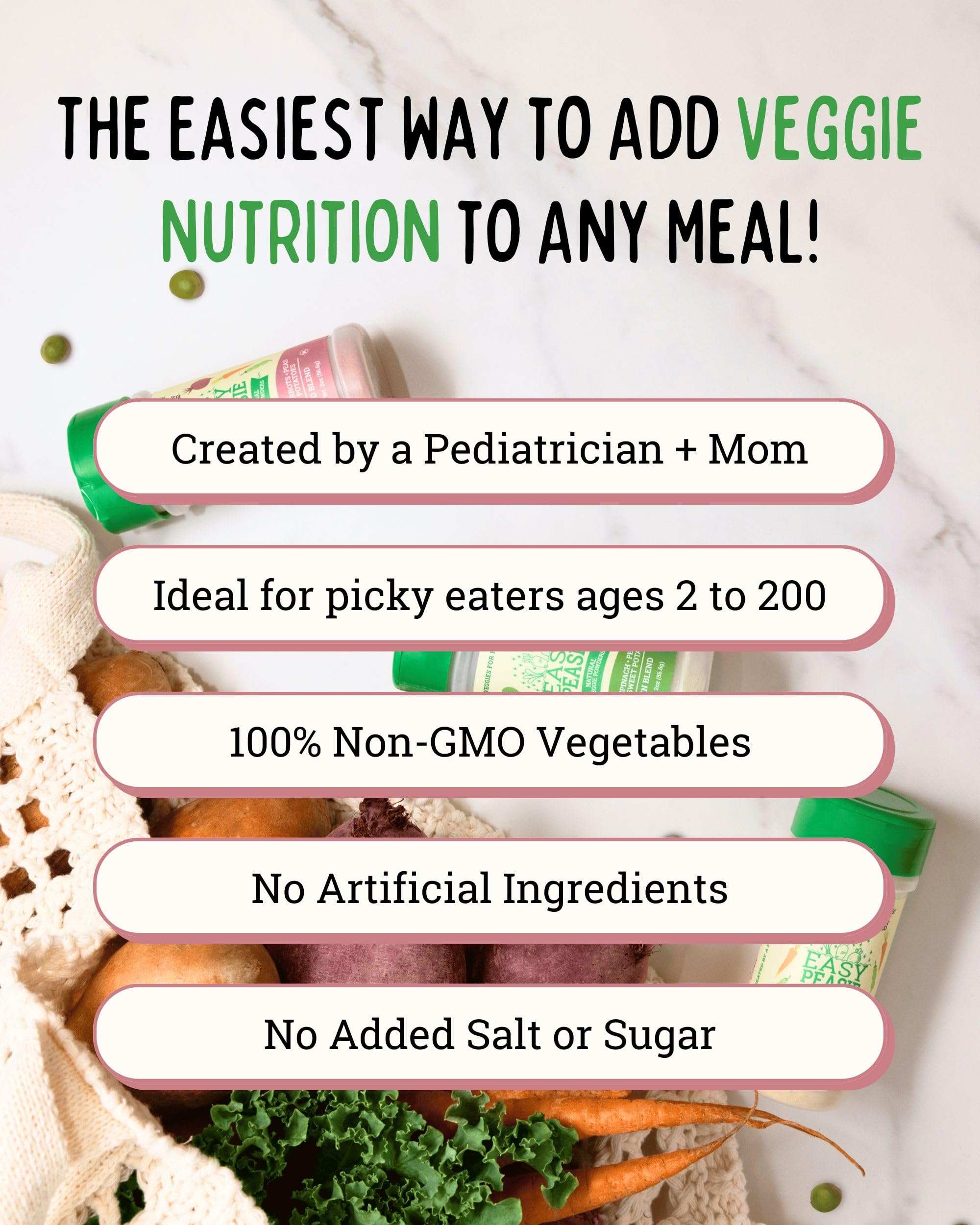 EasyPeasie etiqueta con lista de ingredientes 100% verduras y sin aditivos