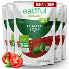 EATIFUL empaque frontal de sopa de tomate, presentación y conveniencia
