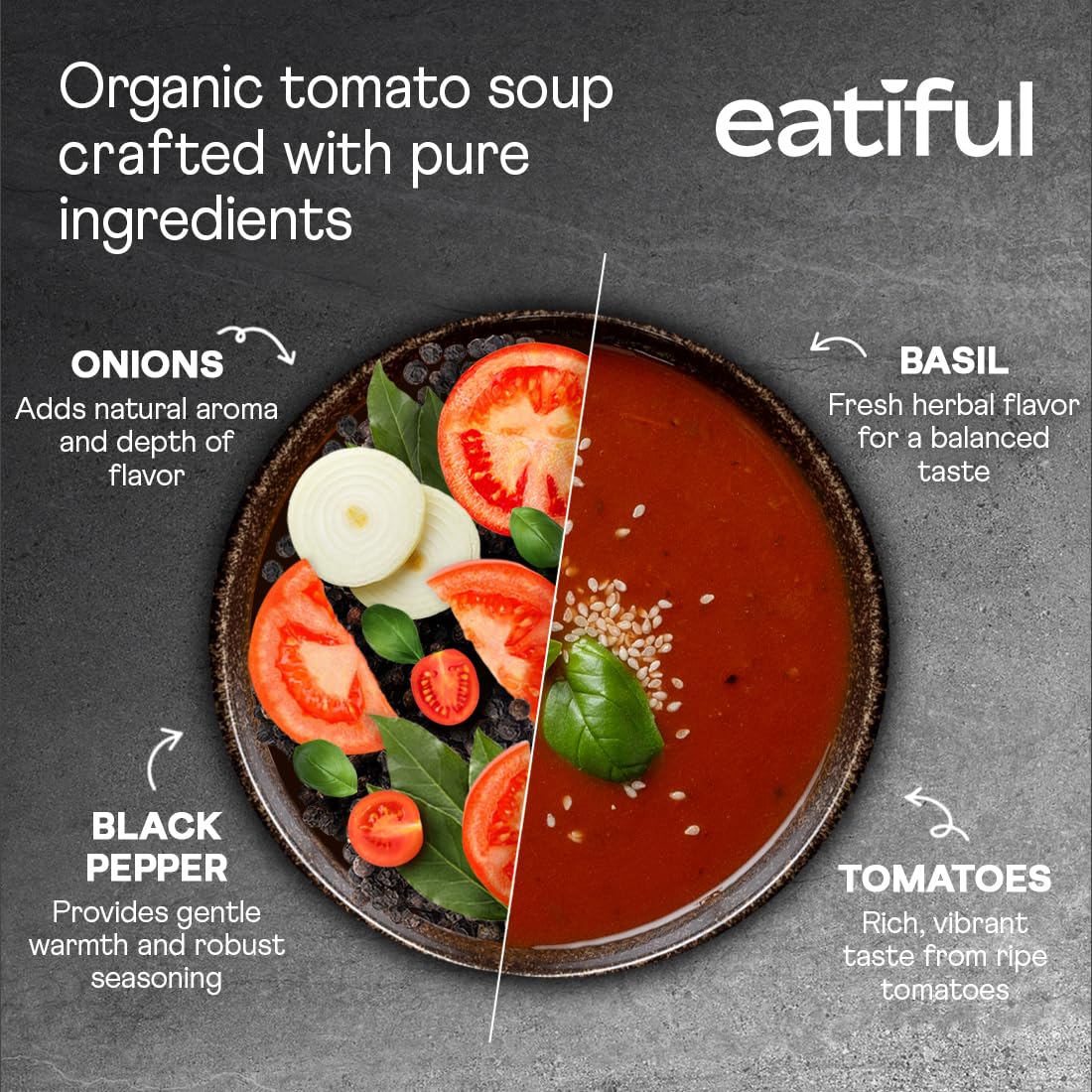 EATIFUL sopa servida en tazón con pan tostado, rapidez y confort
