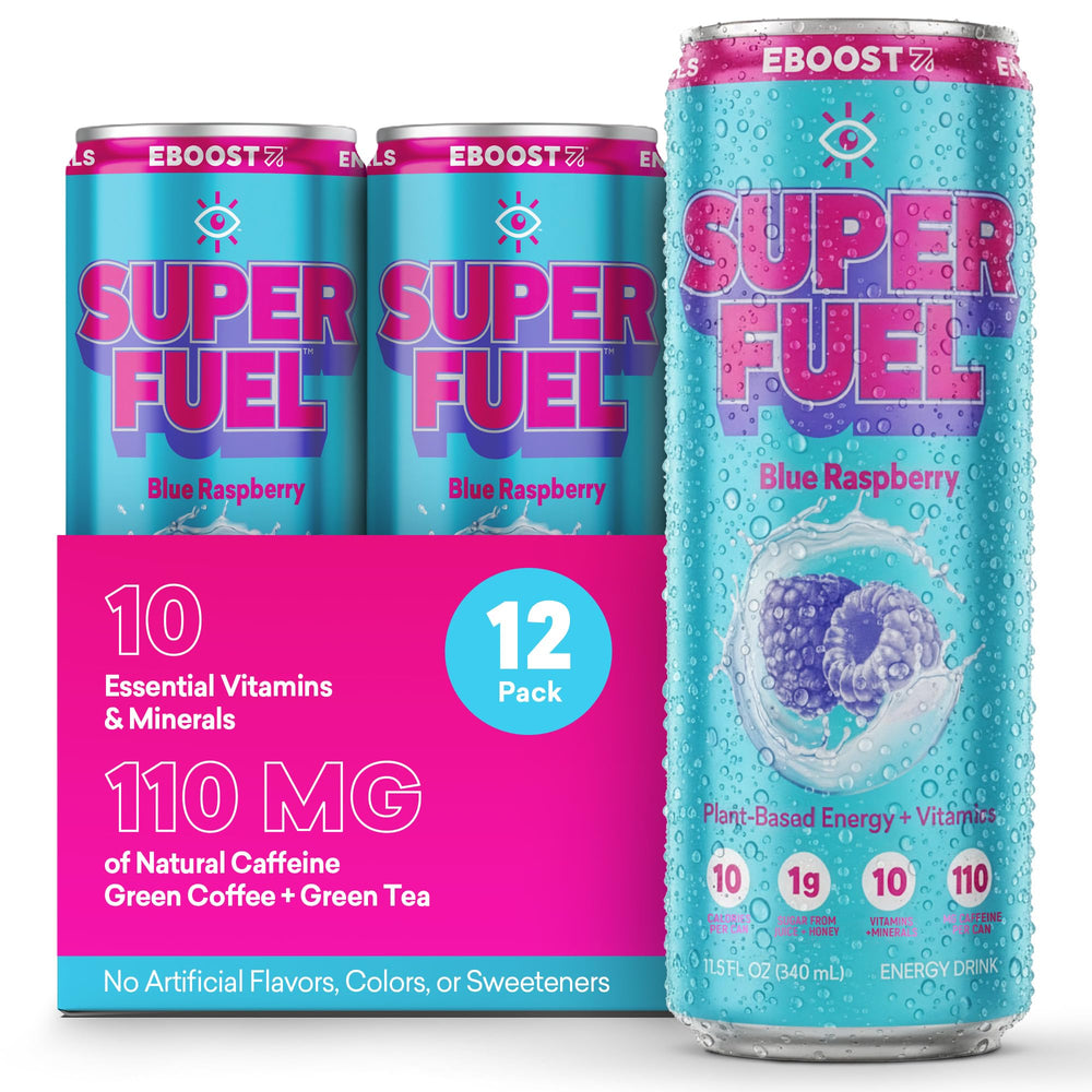 EBOOST lata frontal Blue Raspberry mostrando diseño y beneficio energético