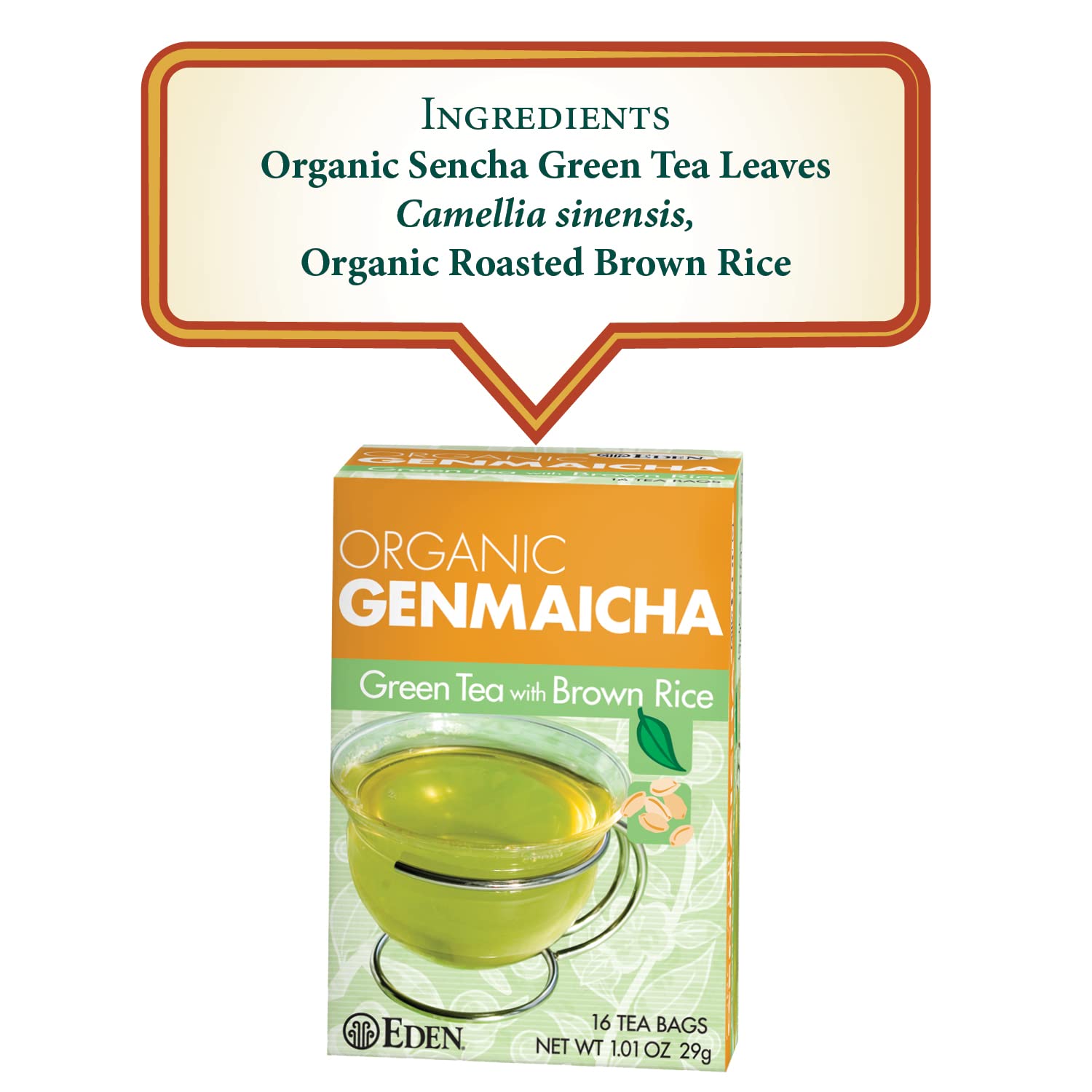 Eden Genmaicha bolsita sin blanquear en primer plano, preparación natural