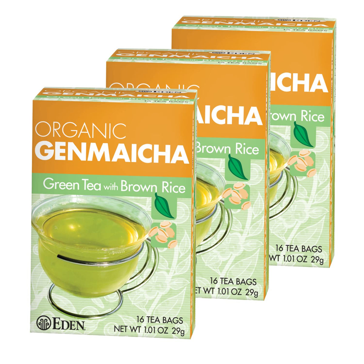 Eden Genmaicha vista frontal del empaque, claridad de contenido