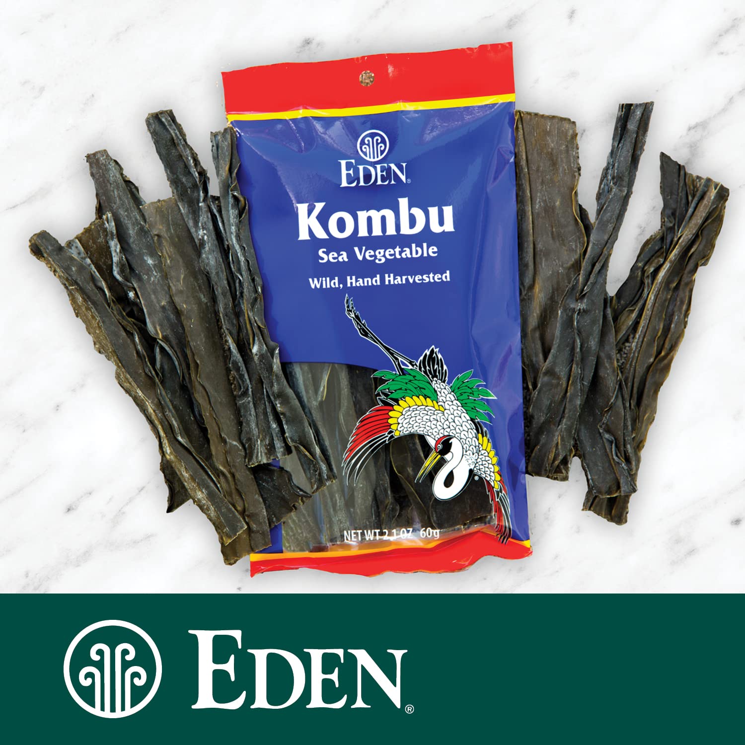 CREATION AND MAINTENANCE OF PURITY IN FOOD Eden Kombu comparación de tamaño, peso 2.1 oz visible