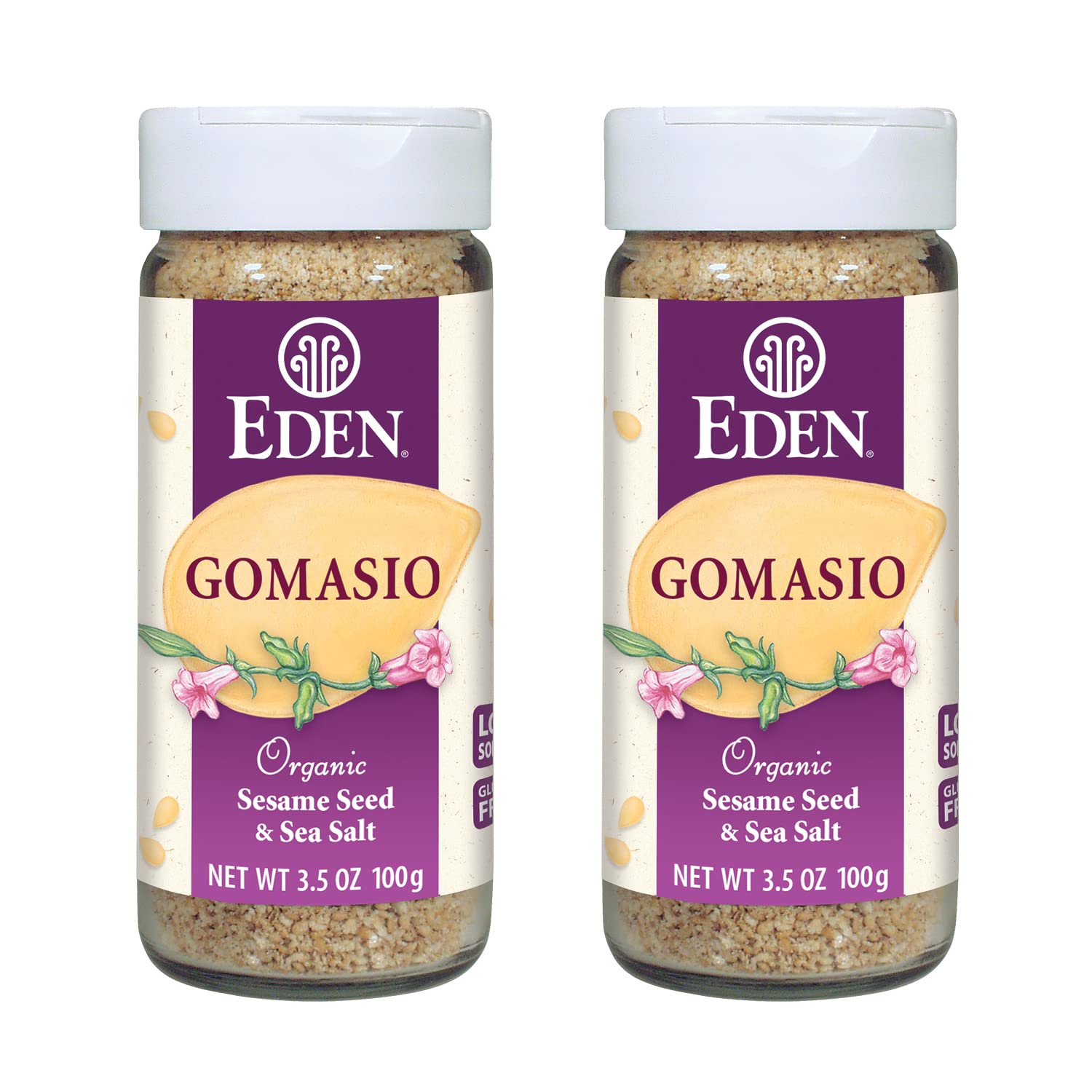 Eden Organic gomasio frente del envase mostrando diseño y tamaño