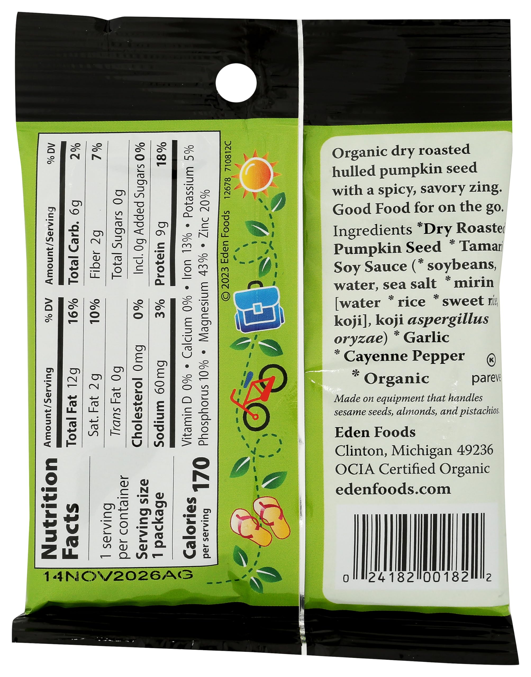 Eden Organic primer plano de pepitas tostadas en seco, refleja textura crujiente y sabor