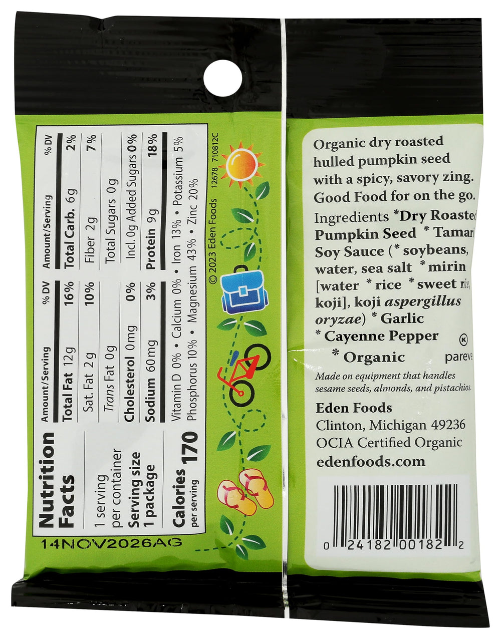 Eden Organic primer plano de pepitas tostadas en seco, refleja textura crujiente y sabor