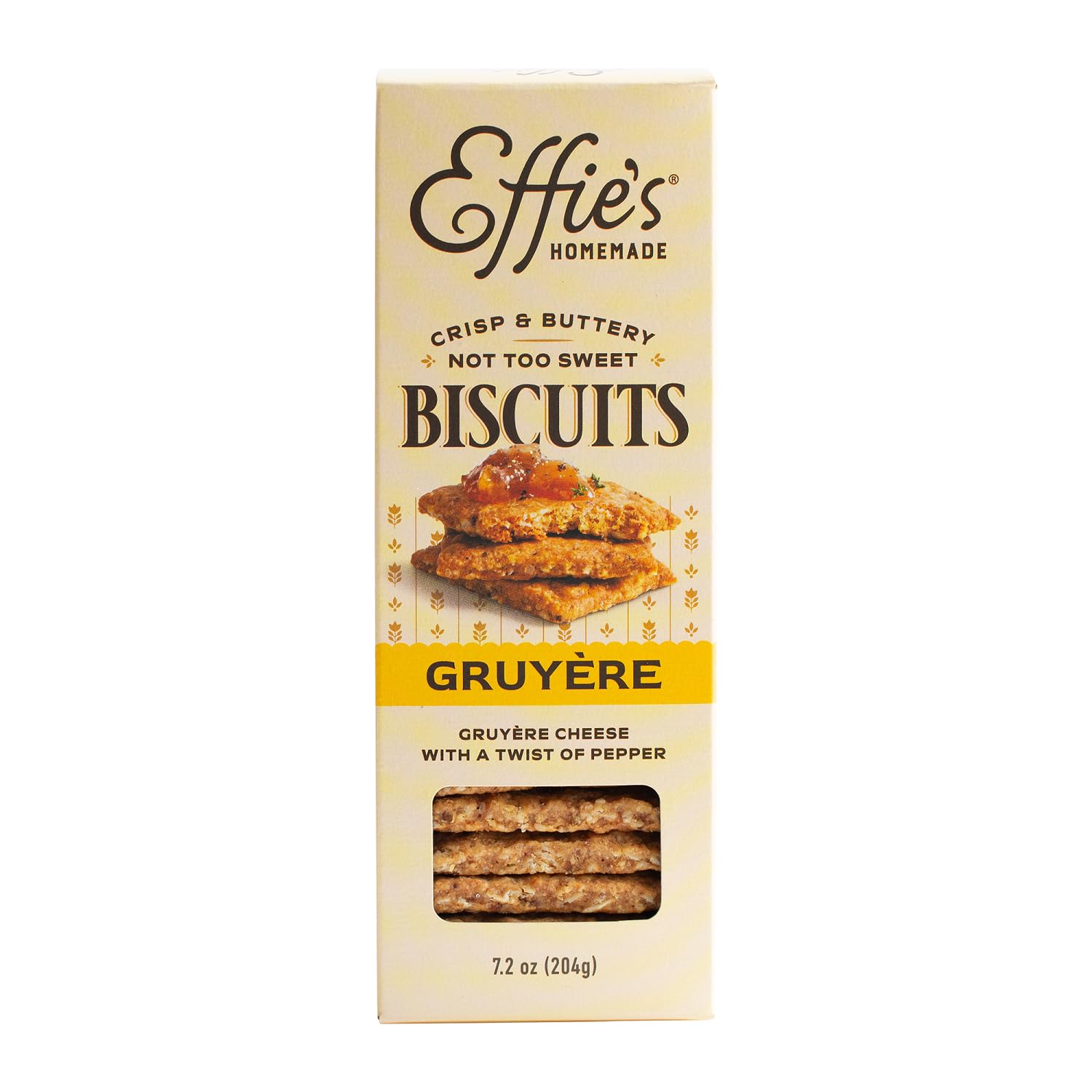 Effie's Homemade envase frontal mostrando galletas gruyere como aperitivo