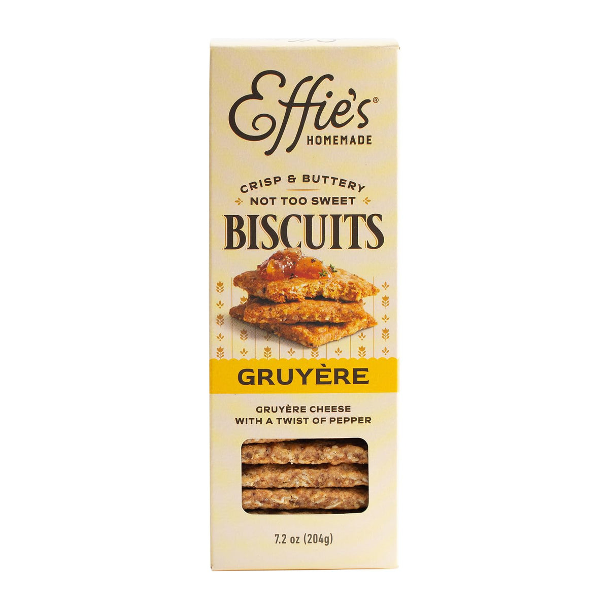 Effie's Homemade envase frontal mostrando galletas gruyere como aperitivo