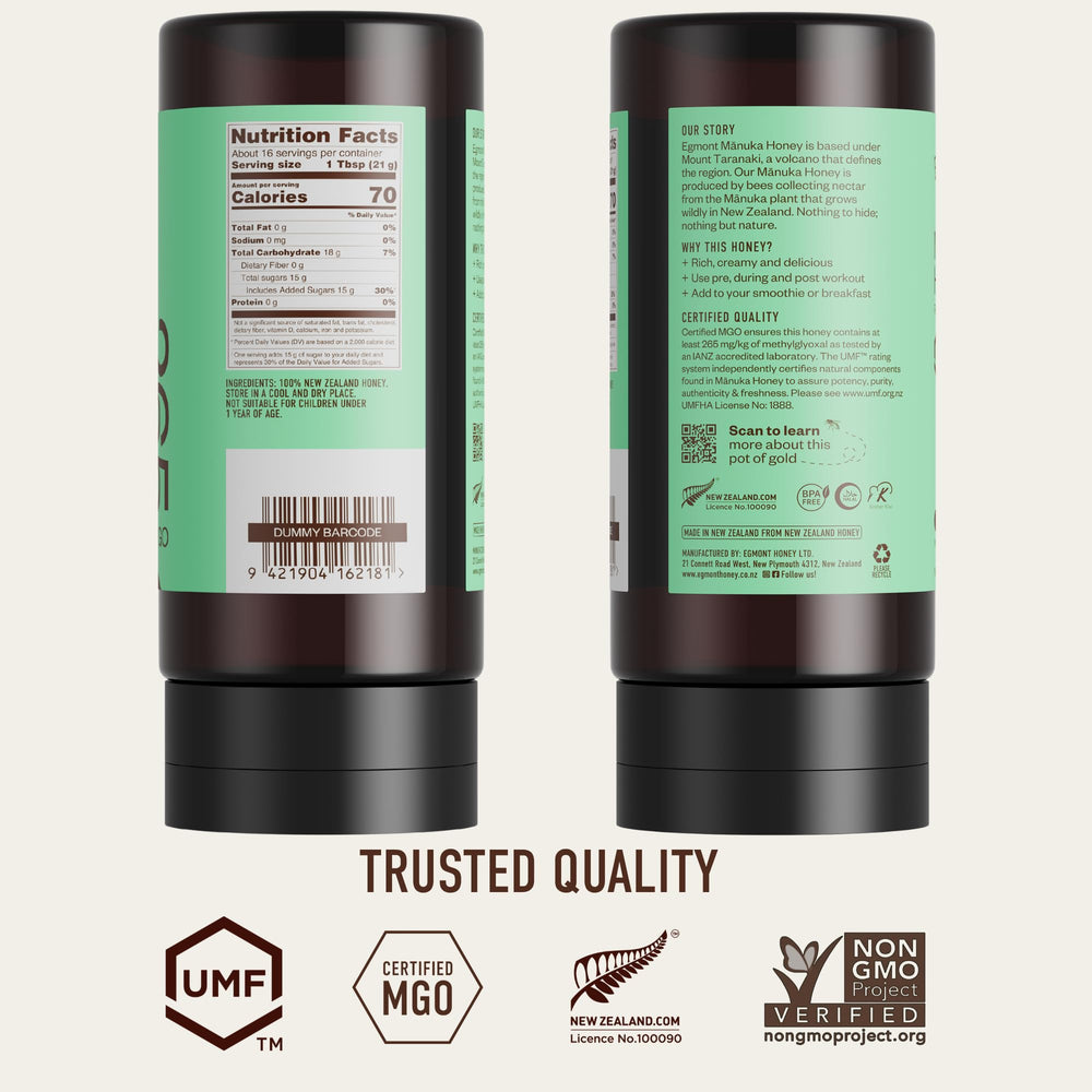 Egmont Honey etiqueta UMF 10+ MGO 265+ mostrando certificación visible