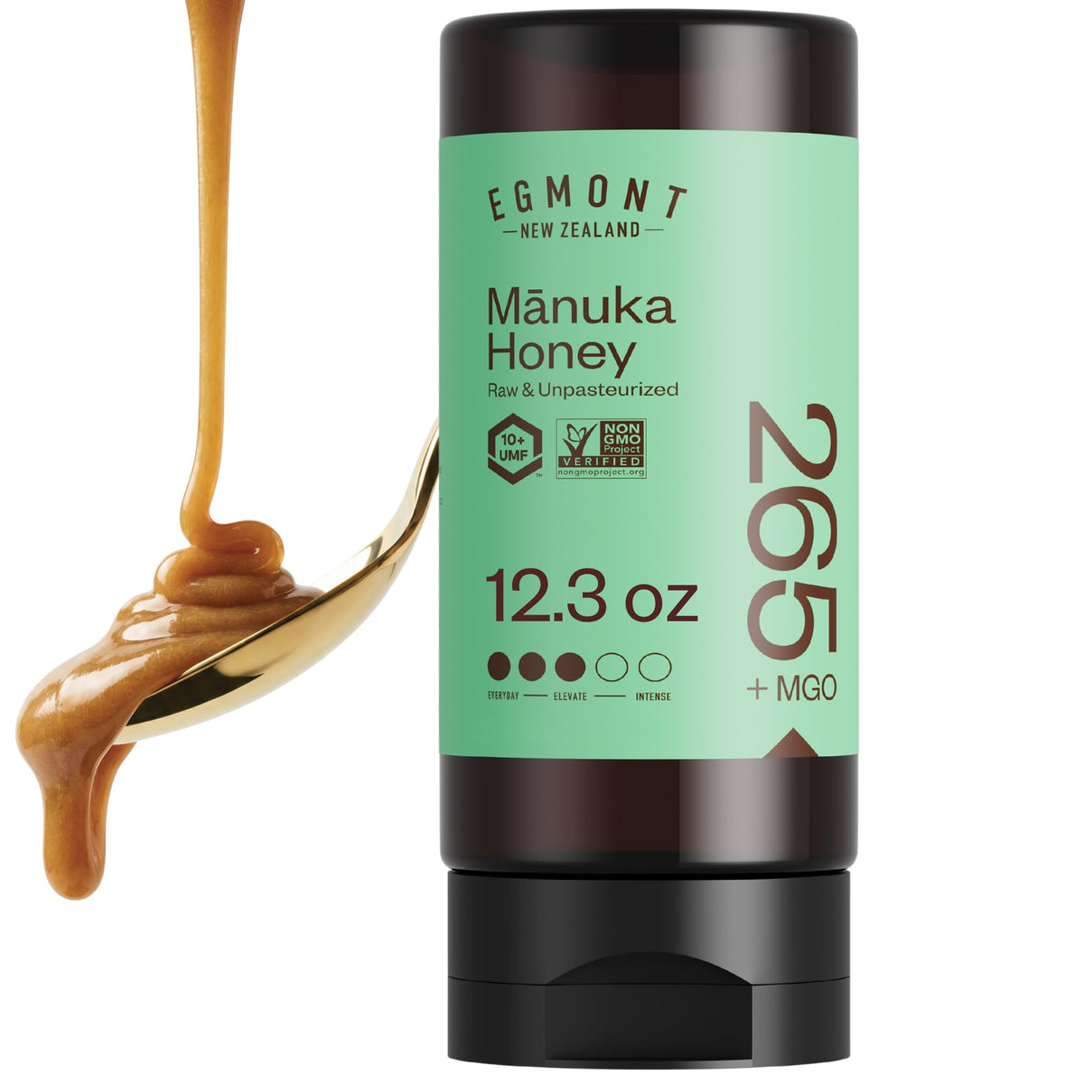 Egmont Honey botella frontal Mānuka 350g, práctica para dosificar