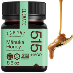 Egmont Honey frasco frontal mostrando etiqueta UMF 15+ y MGO 515+ beneficios claros