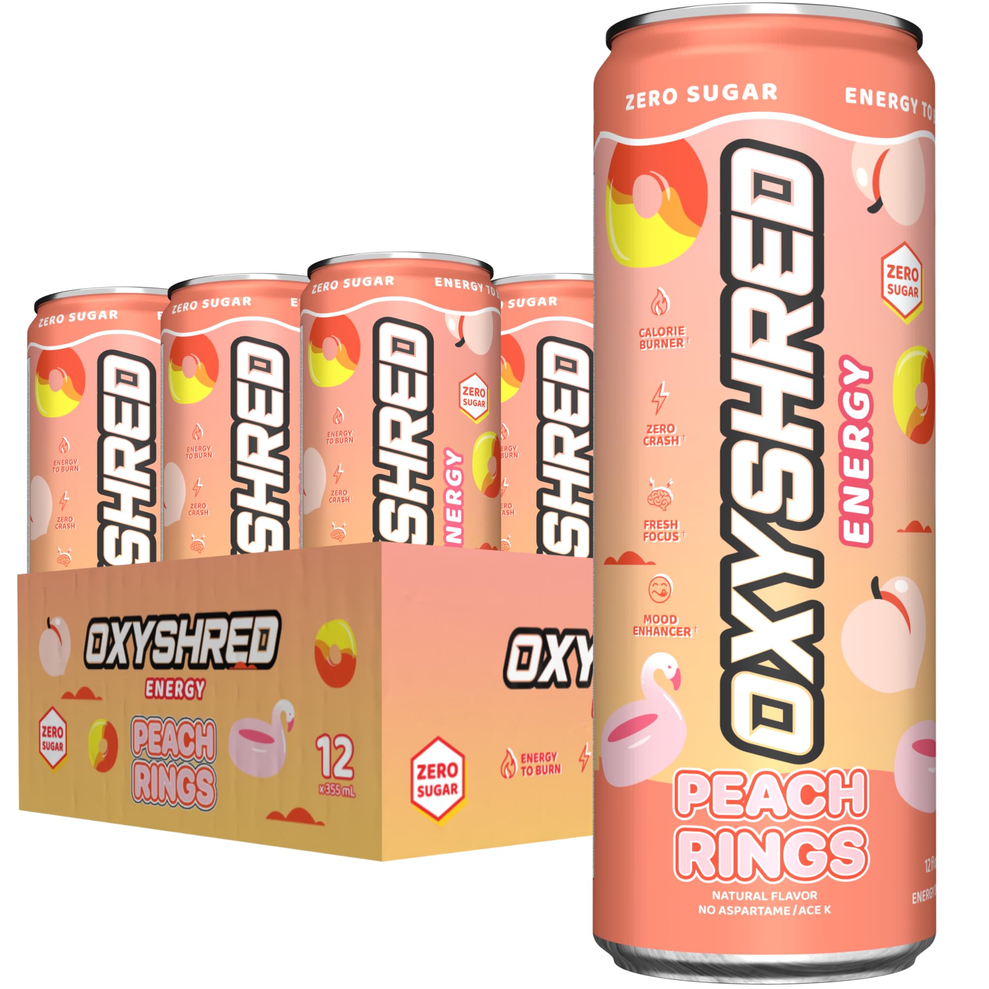 EHP Labs OxyShred lata frontal mostrando diseño y sabor Peach Candy Rings para energía sin azúcar