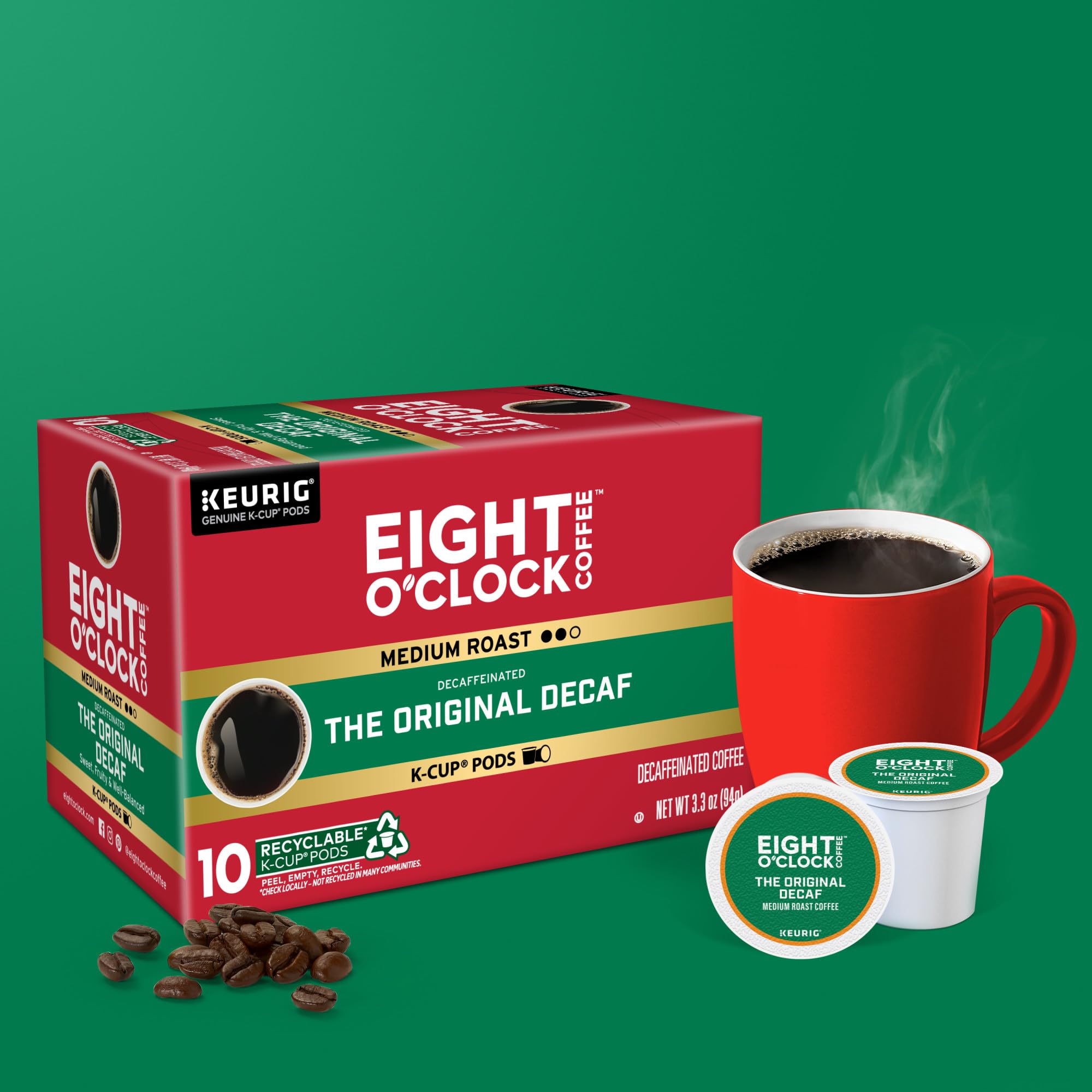 Eight O'Clock cápsula junto a objeto para comparar tamaño práctico